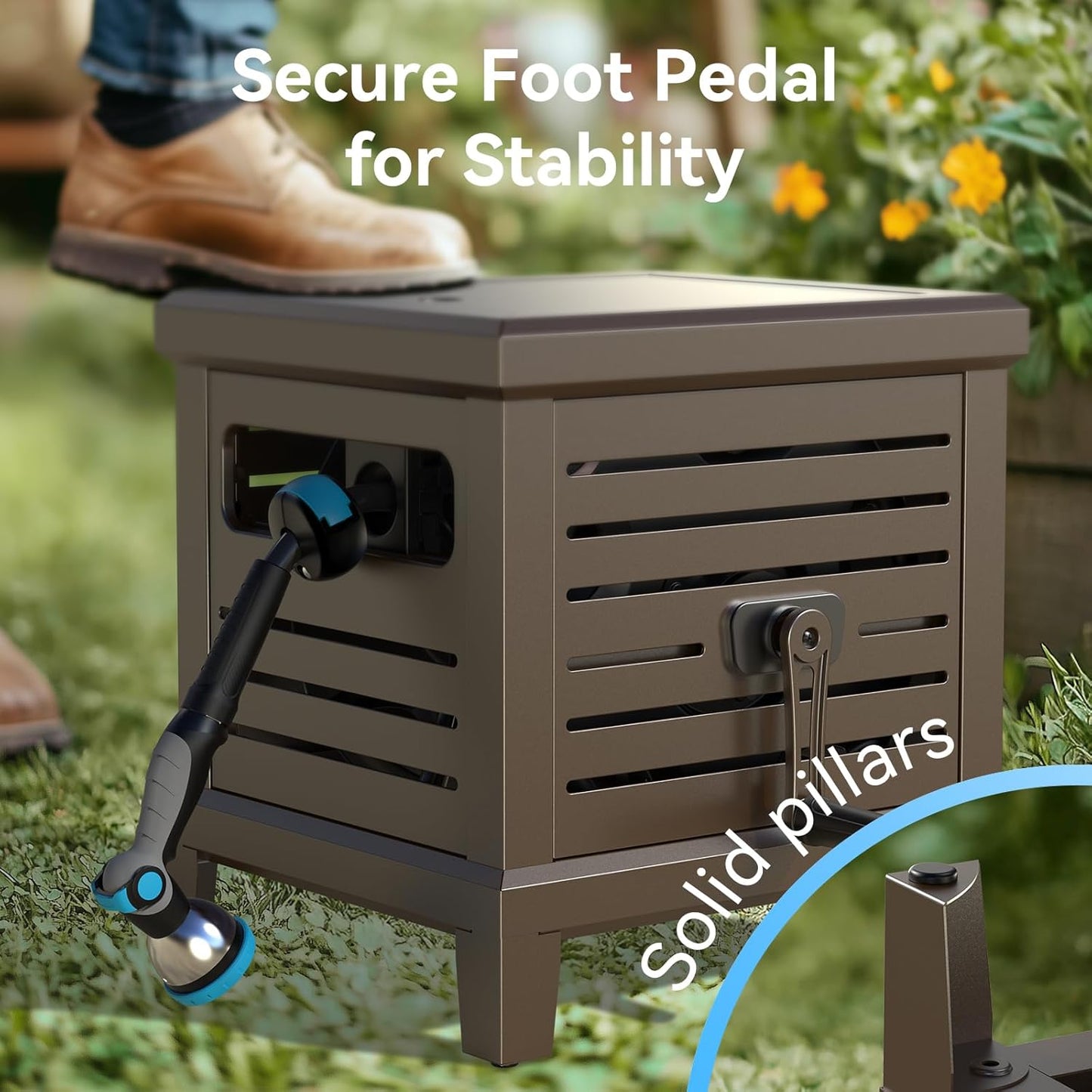 Hose Reel, Heavy Duty Hose Reel Box Hideaway Holds 100 ft x 5/8" Hose, Never-Leak System, Manual Crank Handle, Hose Guide, Stable Foot Pedal, Ideal for Yards, Patios, and Garden Sheds