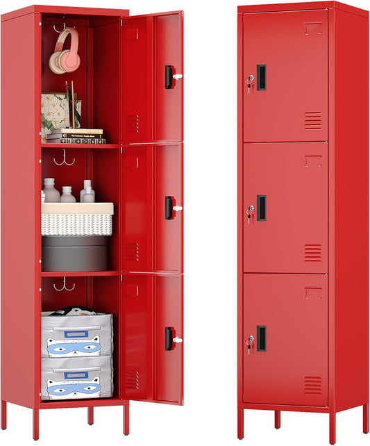 Metal Locker with Hooks and Ventilation Holes,Metal Storage Locker with Keys and Business Card Slot for Home,Gym,Garage,School,Office,66" H x 15.75" W x 15.75" D,Assembly Required,Red