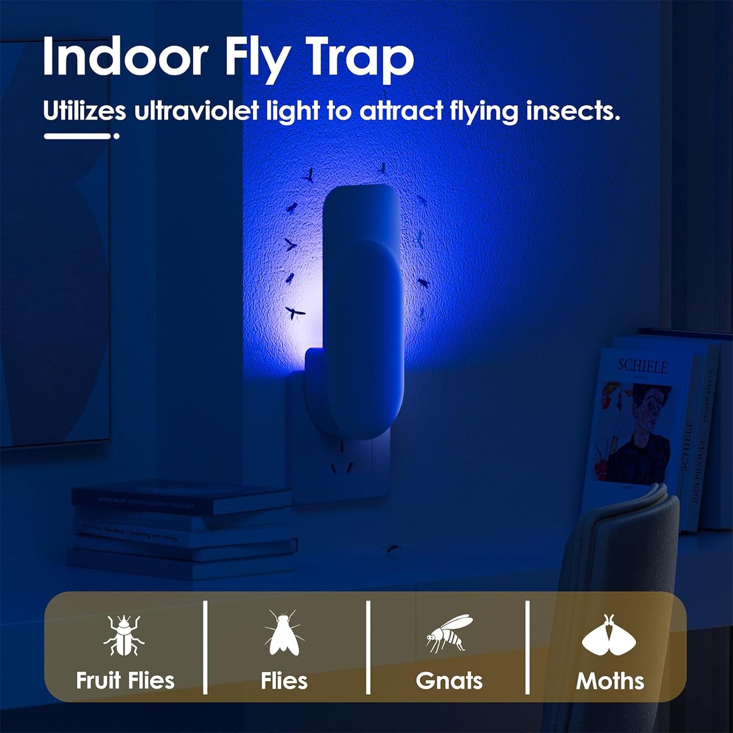 Flying Insect Trap, 2 in 1 Indoor Plug-in Fruit Fly Trap, 2 Trap White and 12 Glue Cards, Fruit Fly Traps for Gnat, Moth, Mosquito, Suitable for Every Part of The Home