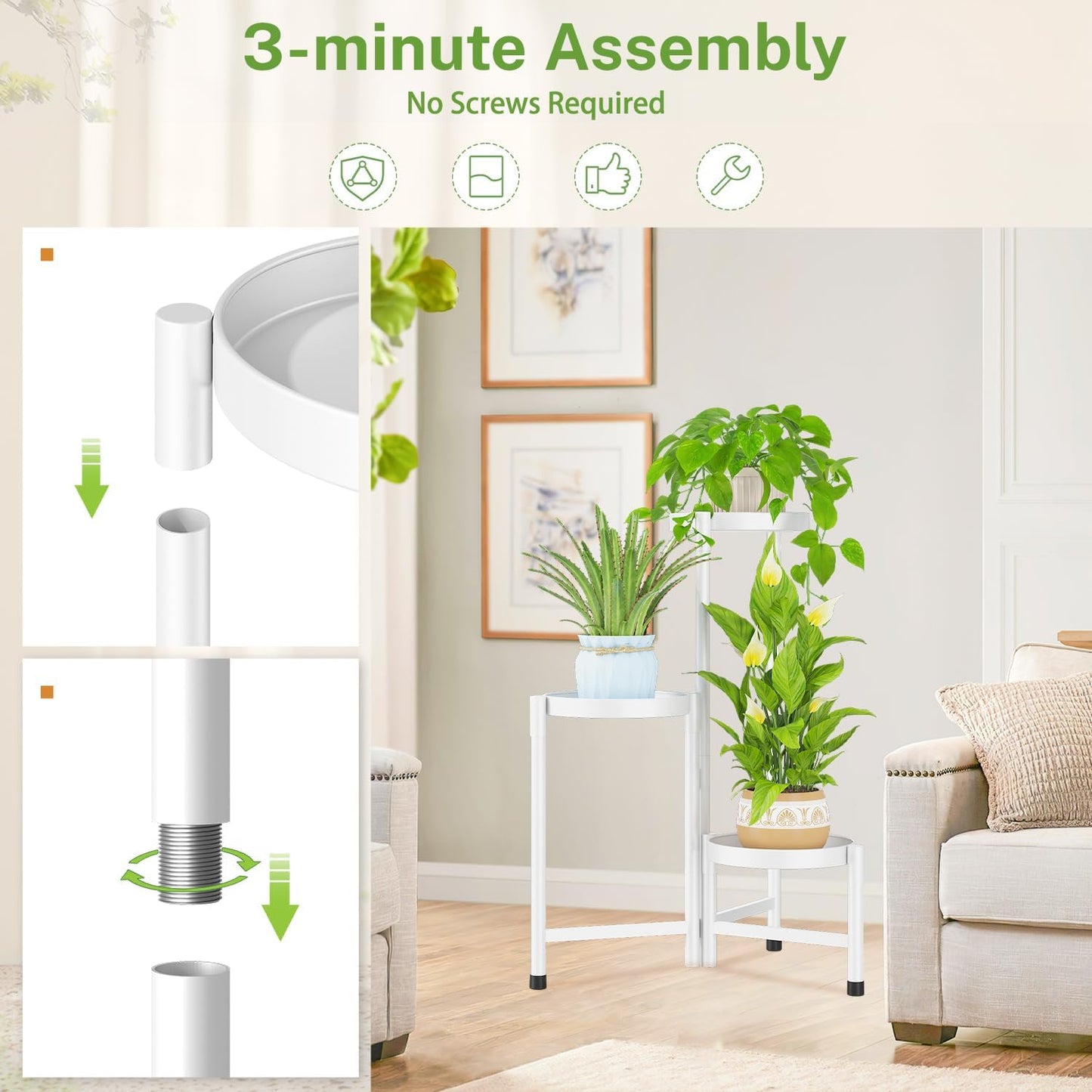 iDavosic.ly Plant Stand Indoor Outdoor, 3 Tier Corner Metal Flower Display Holder Shelf, Folding Tall Orchid Rack for Patio Balcony Porch Garden Living Room House, White