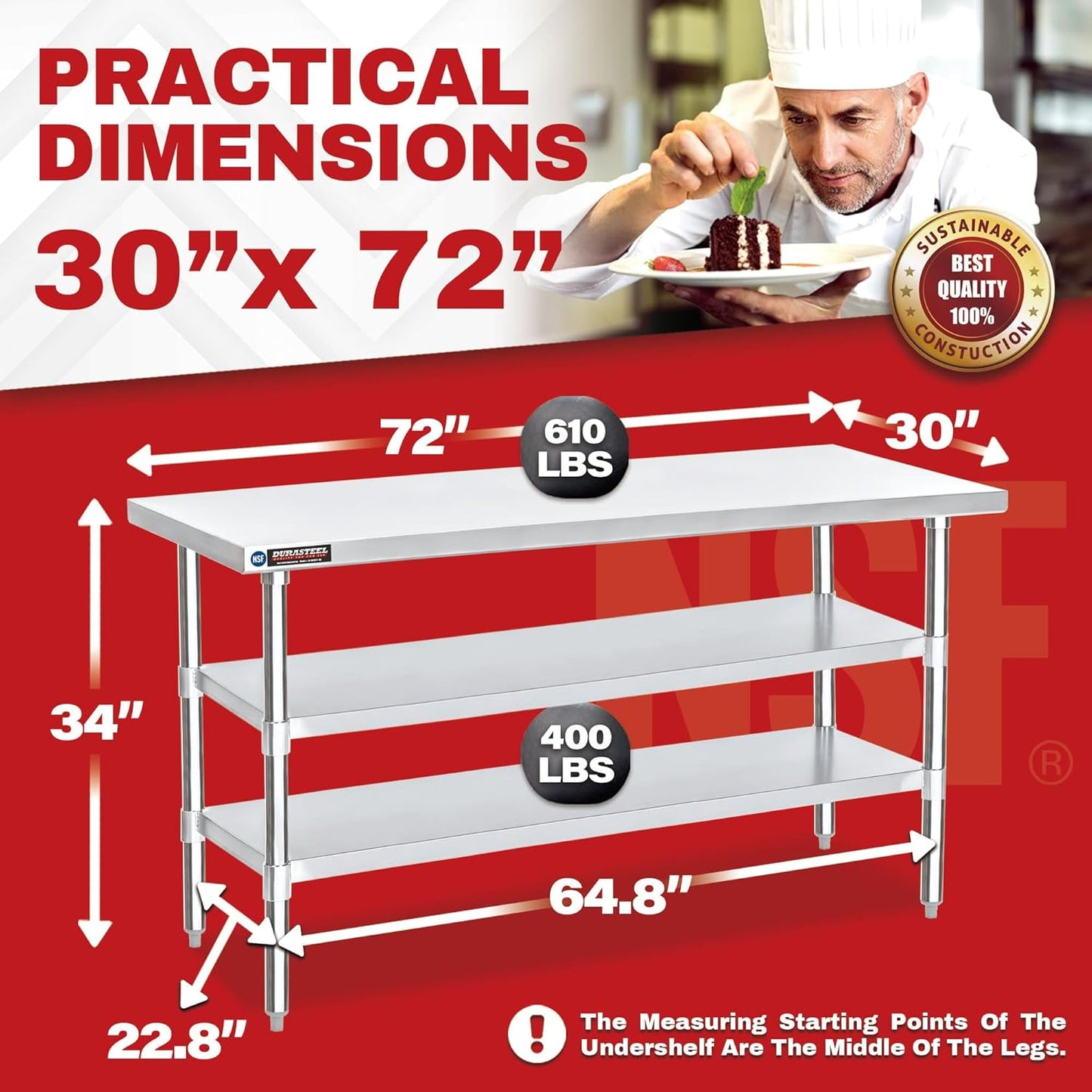 DuraSteel Food Prep Stainless Steel Table - 30 x 72 Inch Commercial Metal Workbench with Adjustable Under Shelf - NSF Certified - for Restaurant, Warehouse, Home, Kitchen, Garage