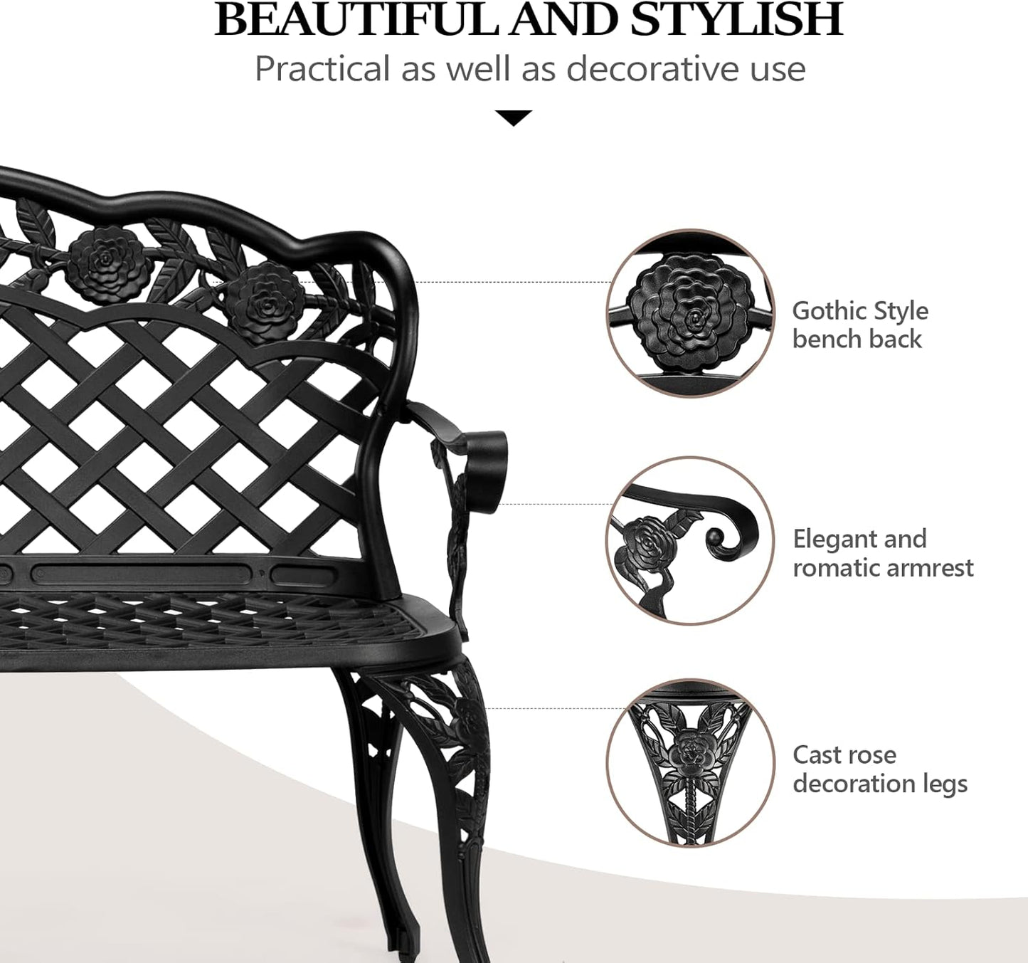 VINGLI 42.5" Outdoor Bench, Antique Cast Aluminum Front Porch Bench Metal Garden Benches Cast Iron Benches 2-3 People Seating (Black)