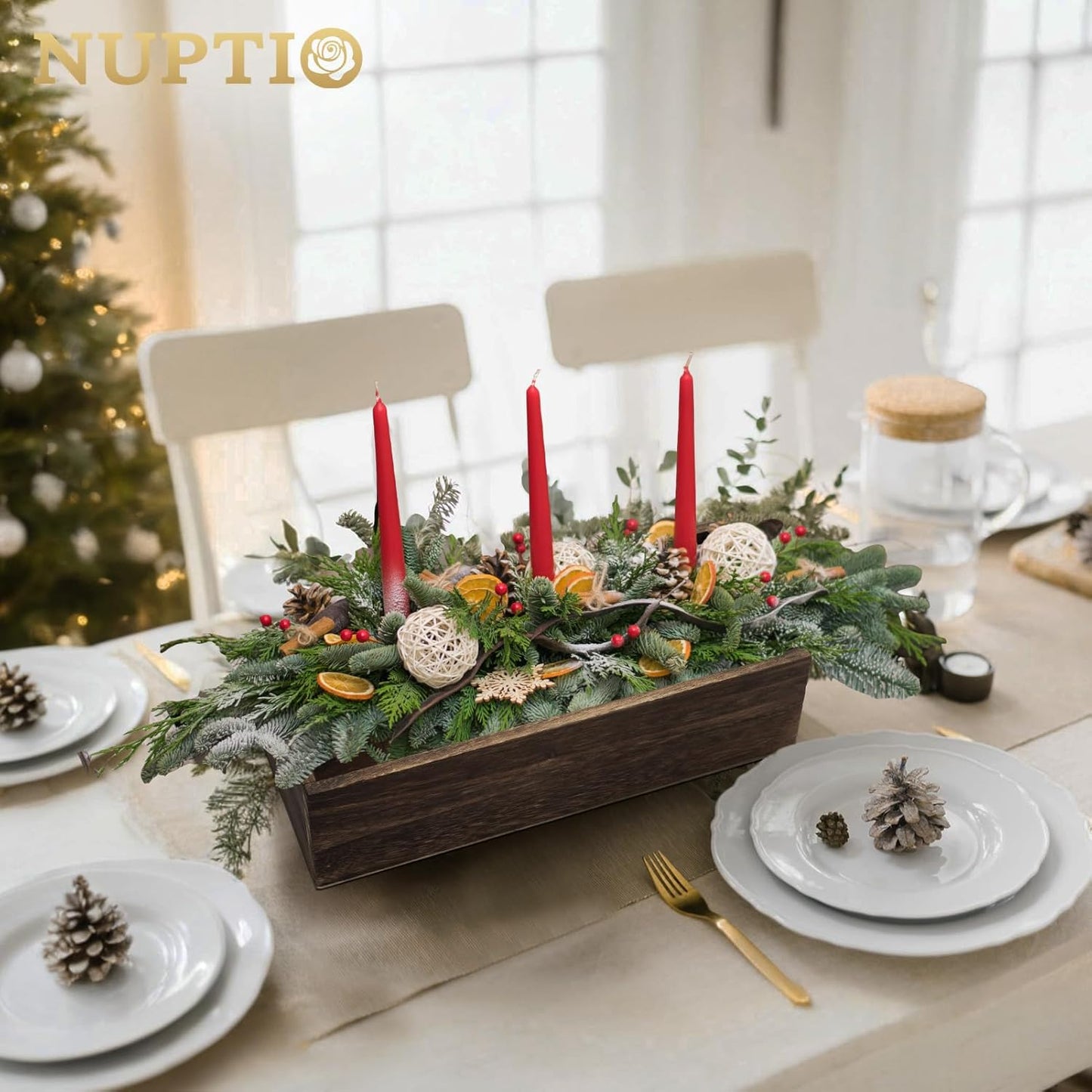 NUPTIO Wooden Box Centerpiece for Table: 6 Pcs 11.8" Long Wood Rectangle Box - Farmhouse Flower Box for Fall Wedding Dining Living Room Mantel Table Centerpiece Decor