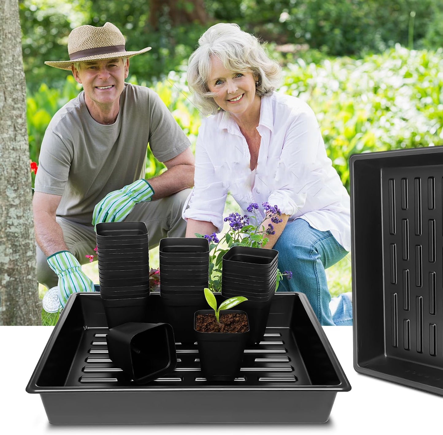 4 inch (10CM) Square Nursery Pots 60pcs, Sturdy Seedlings Trays 5 Pcs, Seeds Starter Germination Tray, Microgreening Planter Nursery Propagation 5 Sets