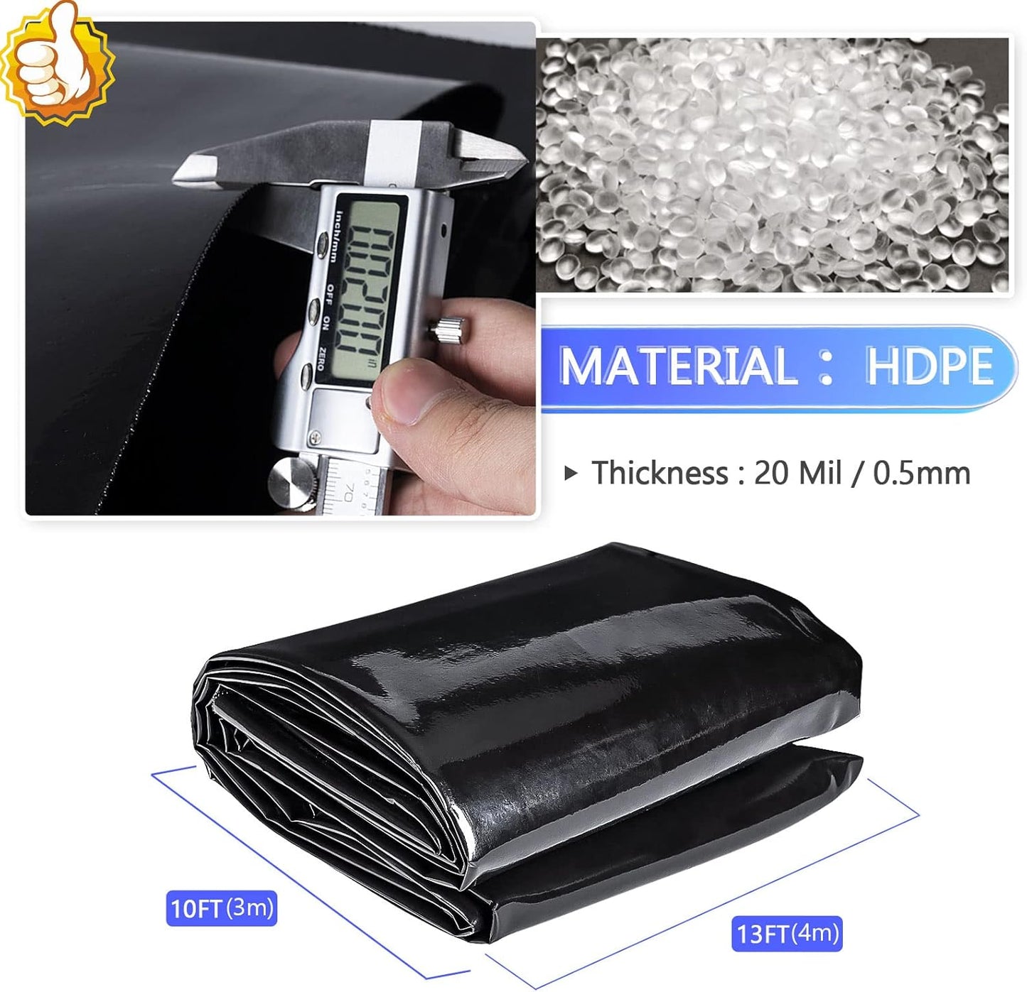 ToLanbbt Pond Liner 10 x 13 Ft, 20 Mil HDPE UV Resistant Preformed Pond Liner Easy Cutting, Underlayment for Fountain, Waterfall, Koi Pondsand Water Garden (Black)