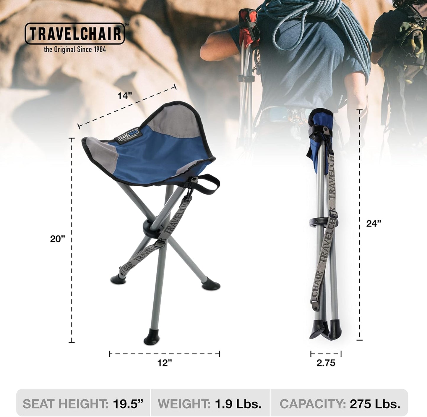 Travel Chair Slacker Tripod Chair for Camping, Lightweight Chair, Adjustable Carry Strap for Easy Transport | Oversized Duck Feet for Improved Stability | Perfect for Outdoor Adventures (Blue)