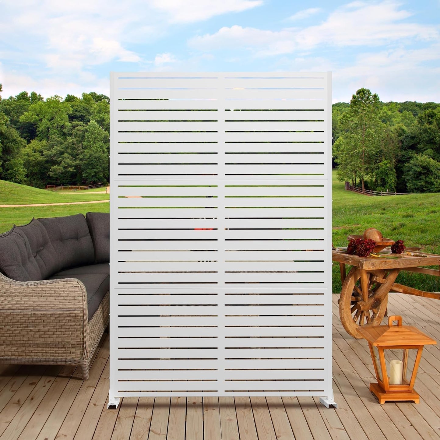 Metal Privacy Screen Outdoor 72" H×47" W,Freestanding Decorative Privacy Screen for Balcony Yard&Garden,Privacy Fence-White&Louvered