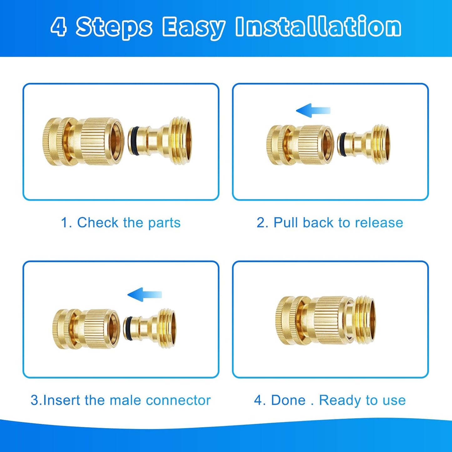 Garden Hose Quick Connector 3/4 Inch GHT, Solid Brass No-Leak Kit (4 Sets: 4 Male + 4 Female) - Quick Connect Fittings for Water Hose