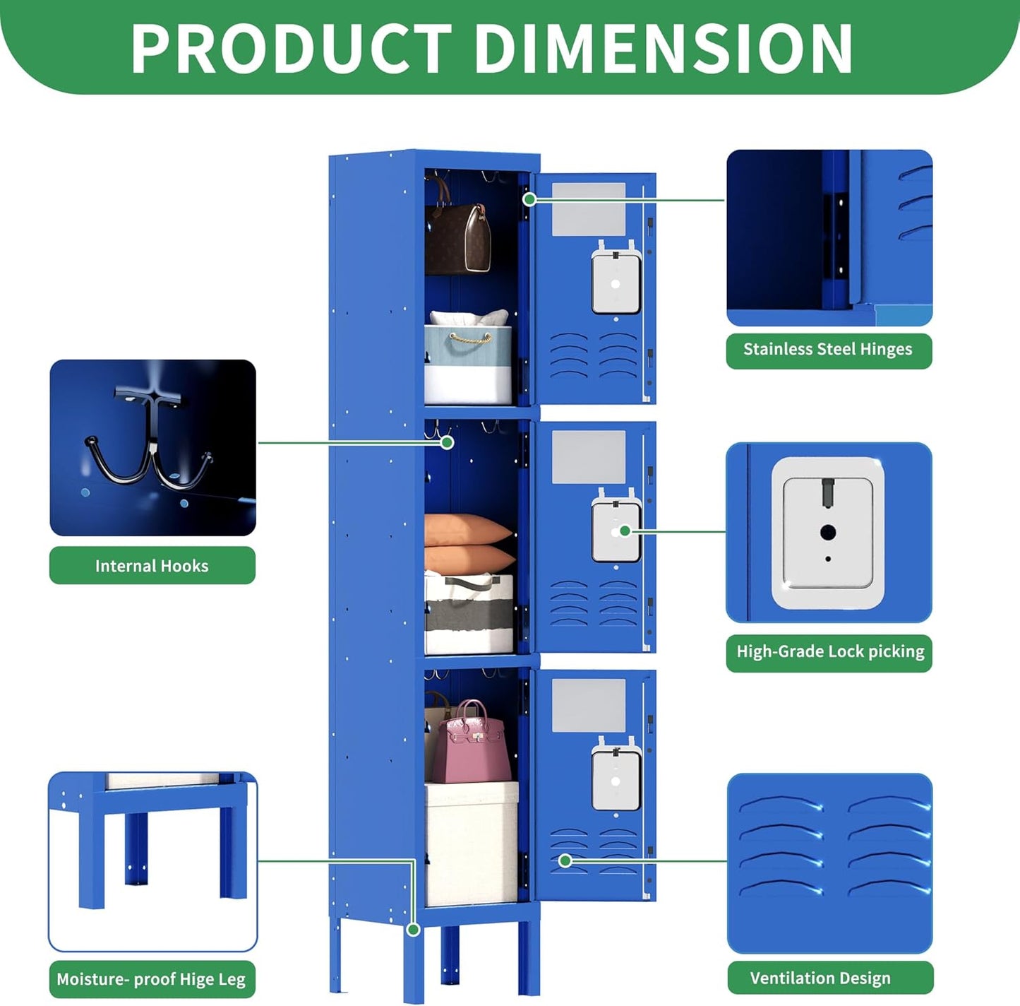 Metal Lockers for Employees, Storage Employee Locker, Storage Lockers with Shelves Steel Cabinet for Home (Blue, 3 Door)