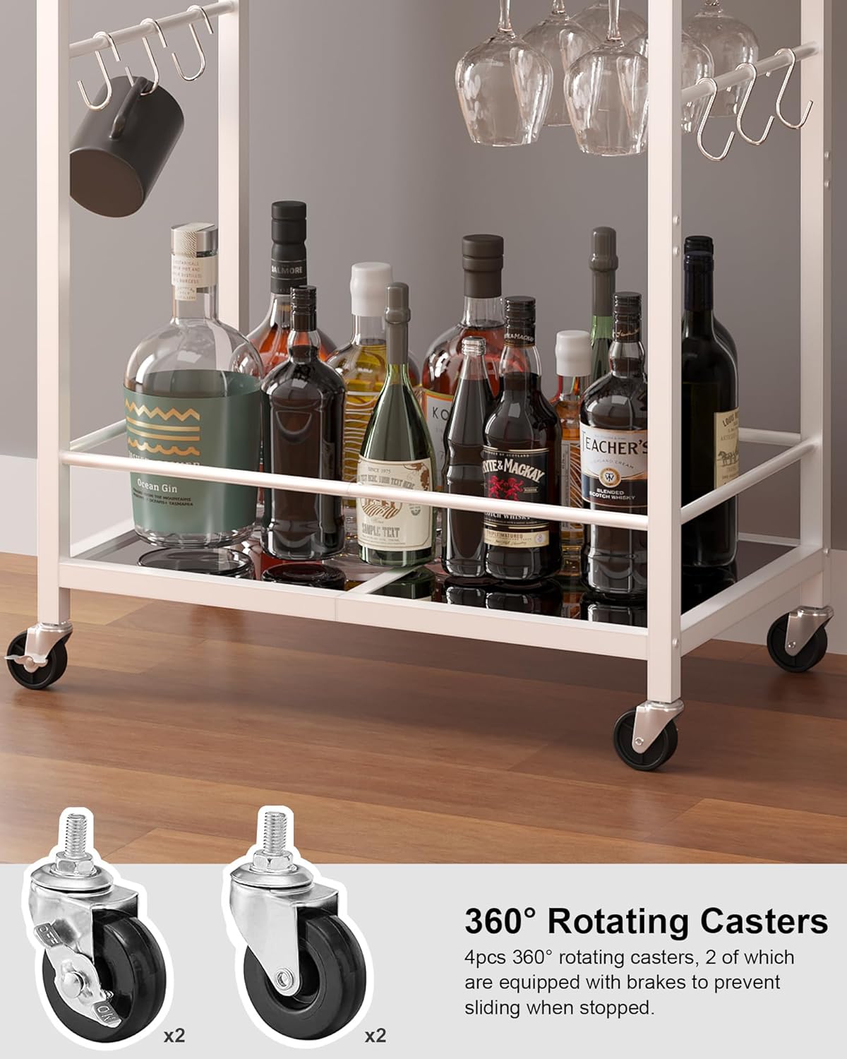 TUTOTAK Bar Cart, Serving Cart for Home, Microwave Cart, Drink Cart, Mobile Kitchen Shelf with Wine Rack and Glass Holder, Rolling Beverage Cart, White BC01BW031
