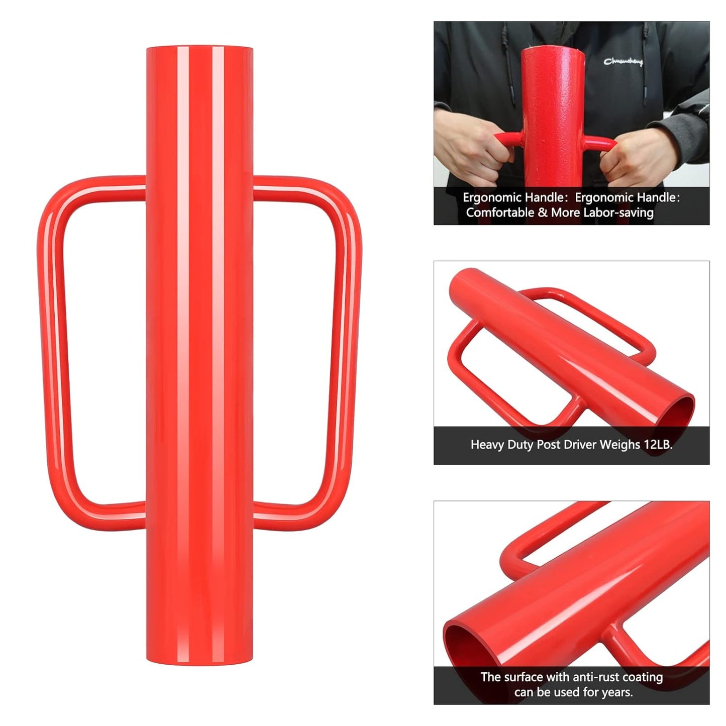 Gtongoko 12LB T Post Driver with Handles Heavy Duty Fence Post Driver Post Pounder for T-Posts，U Channel，Metal Post and Sign Post Pole Driver Tool,17 Inch Red