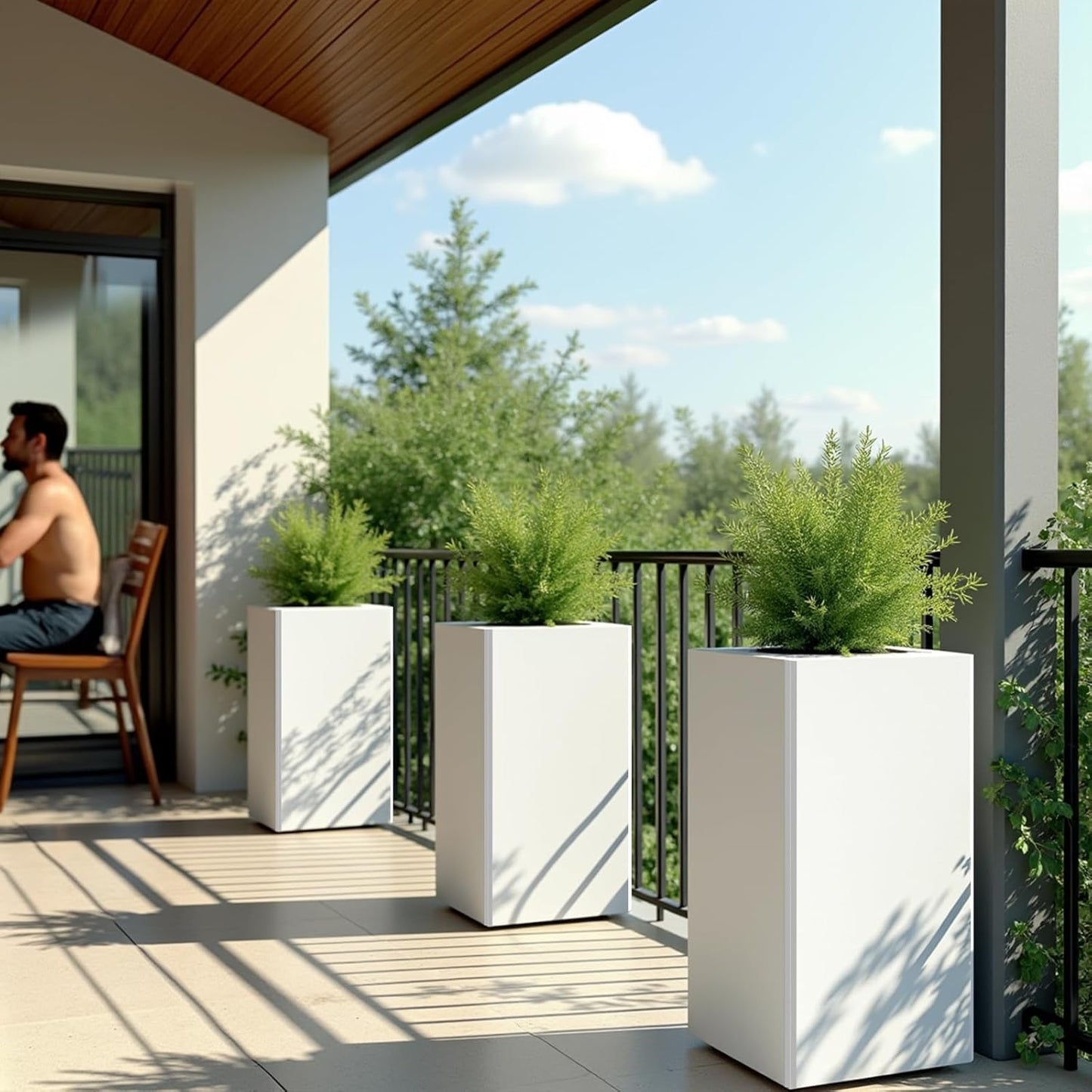 24 Inch Galvanized Steel Planter for Outdoor Plants, White Rectangle Outdoor Planters, Heavy Duty Flower Pot Modern Commercial Residential for Trees Patio Deck Yard Garden