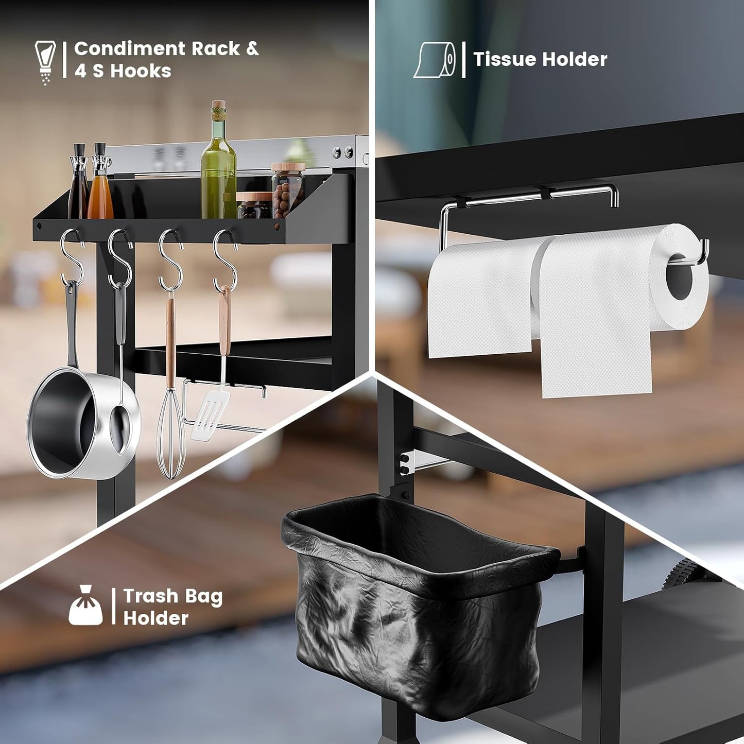 NUUK 3-Shelf Grill Cart with Stainless Steel Top – 20" x 32" Mobile Outdoor Kitchen Table for Pizza Oven, Food Prep, and Dining – Worktable with Wheels,