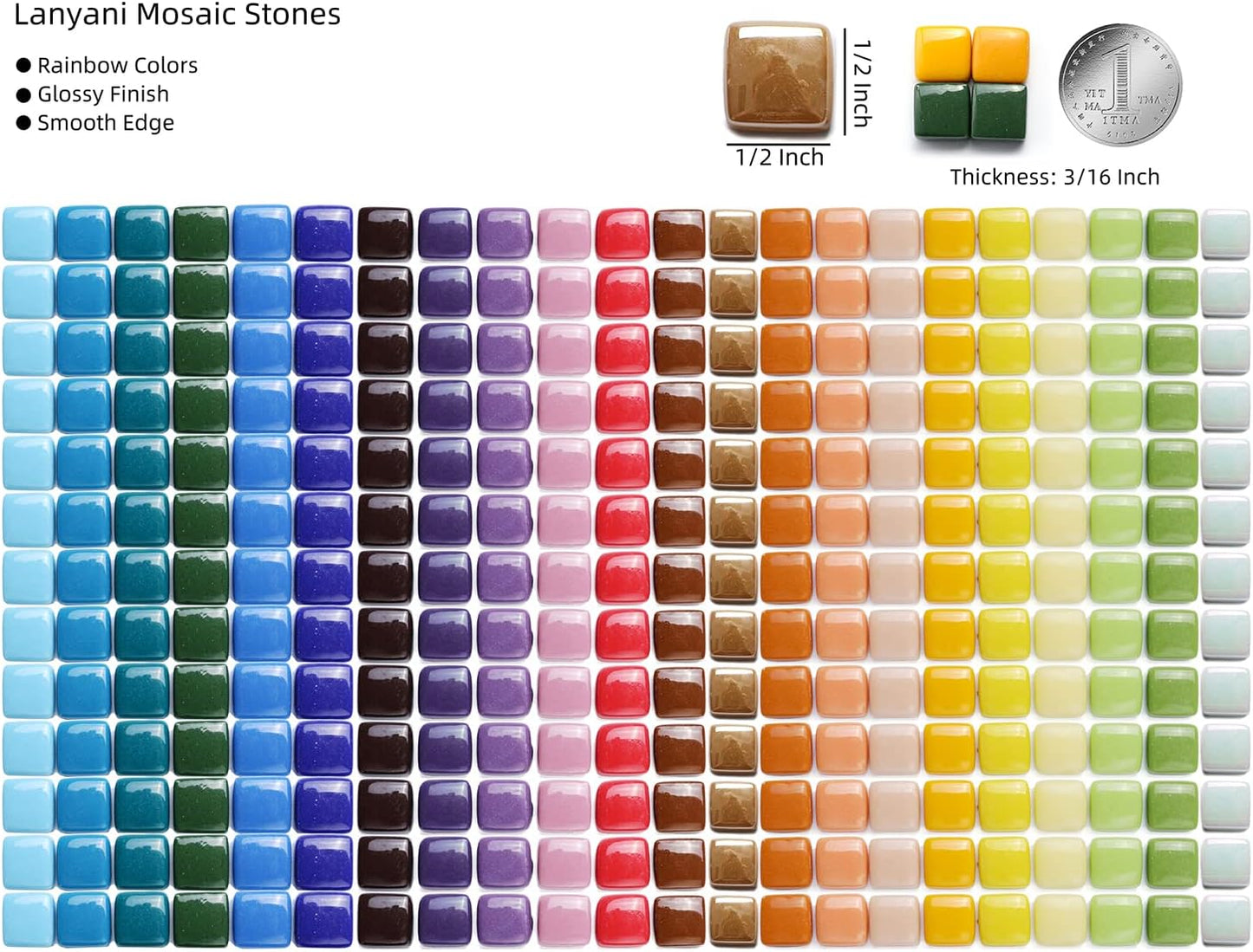 Lanyani 2 Pounds Vibrant Glass Mosaic Tiles for Arts and Crafts, Colorful Bulk Loose Mosaic Glass Pieces Square Stone Tiles, 1/2 inch, 500 Pcs