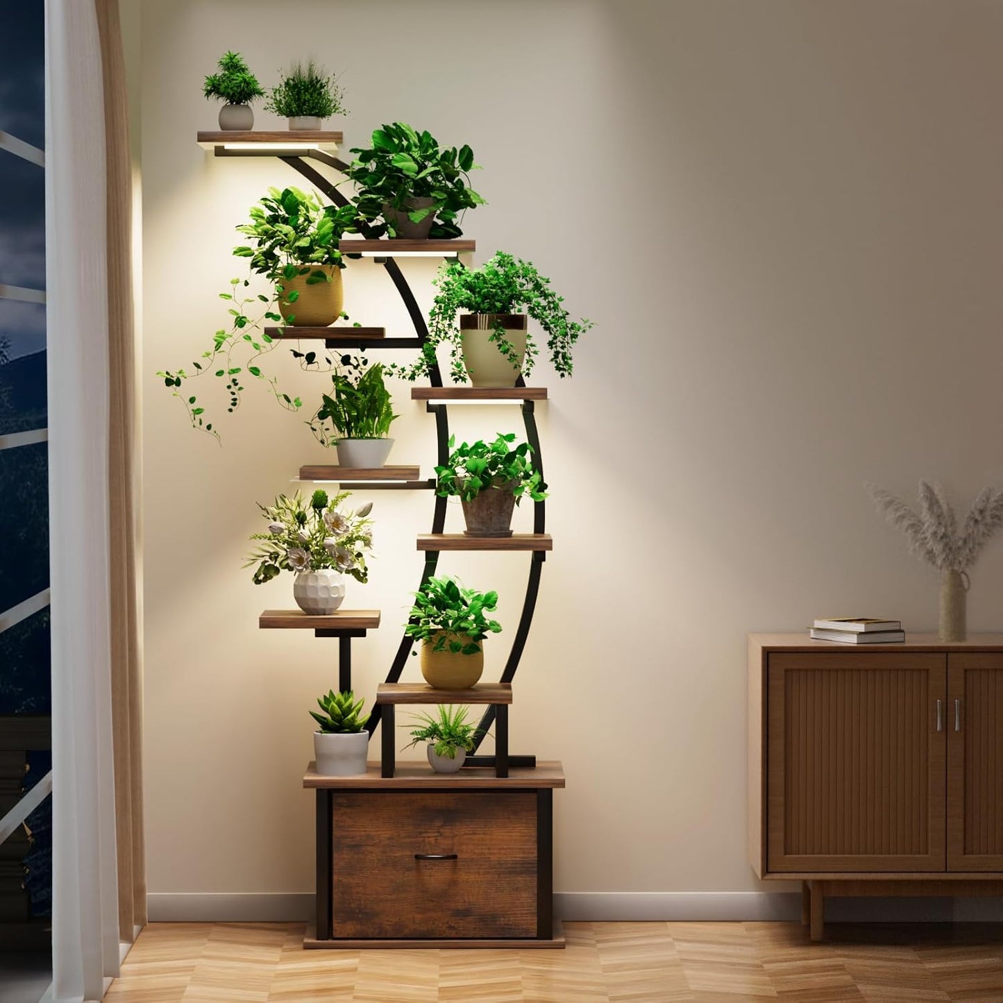 10-Tier Tall Plant Stand Indoor with Grow Lights, 65" Corner Plant Shelf with Storage Drawer, Metal Plant Rack for Multiple Plants, Waterproof & Sturdy Display Holder for Living Room, Patio
