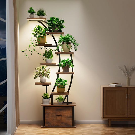 10-Tier Tall Plant Stand Indoor with Grow Lights, 65" Corner Plant Shelf with Storage Drawer, Metal Plant Rack for Multiple Plants, Waterproof & Sturdy Display Holder for Living Room, Patio