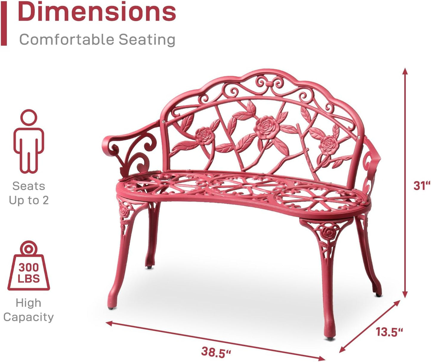 Bonnlo 38.5" Patio Outdoor Bench, Cast Anti-Rust Iron Aluminum Garden Bench with Rose Patten Finish Chair, Entryway Bench 2 Person Seat for Patio, Lawn, Backyard