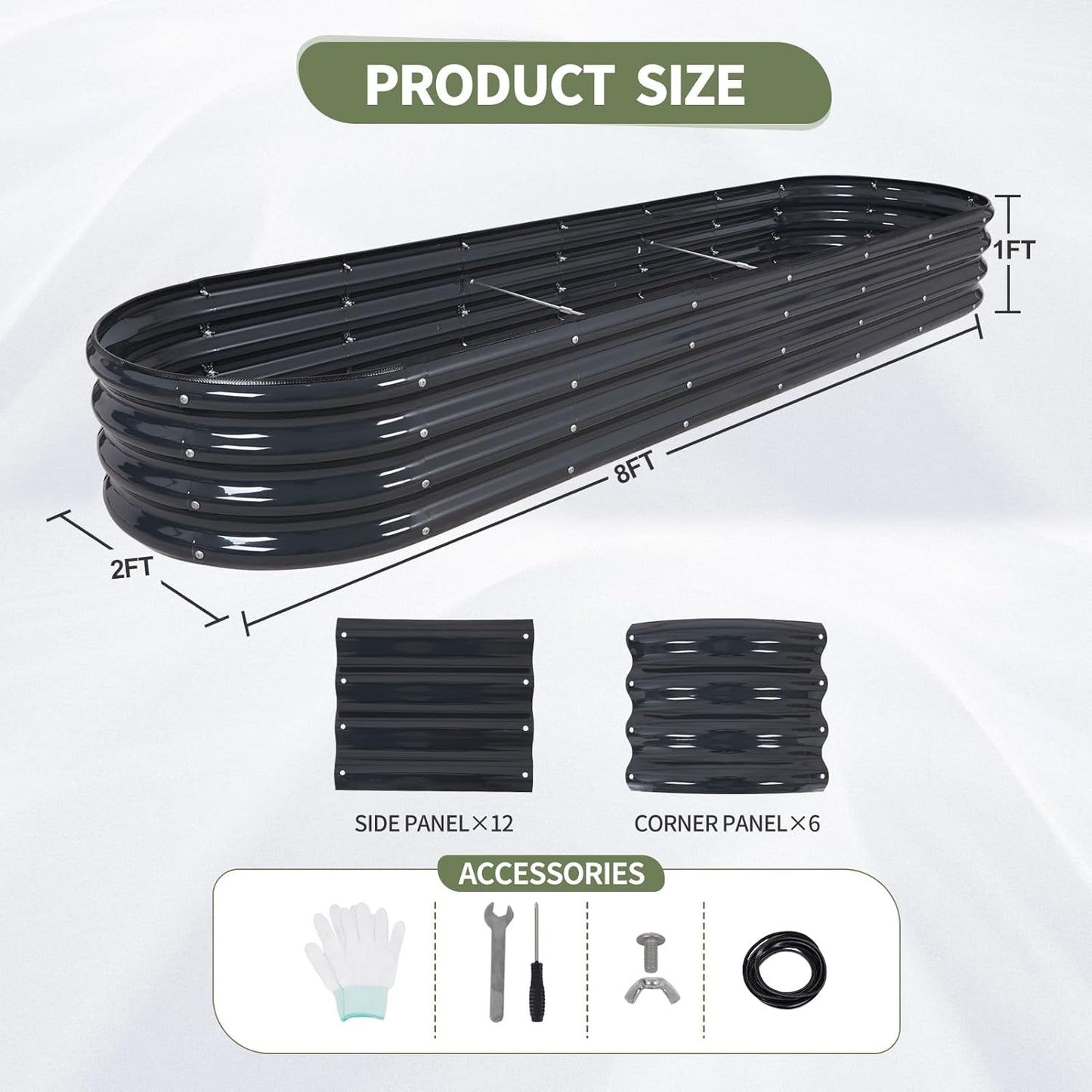 Galvanized Raised Garden Bed Outdoor- Raised Beds for Gardening| Metal Planter Box, Steel Raised Garden Bed Kit with Safety Edging and Gloves for Vegetables, Flower, Herbs (8x2x1FT, Gray)