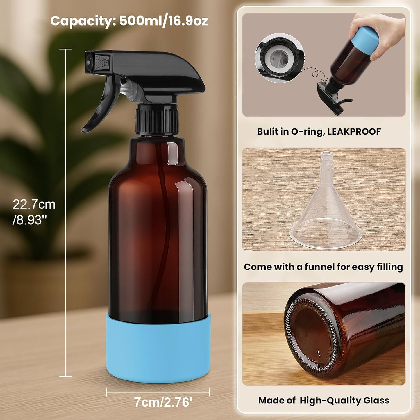 Glass Spray Bottles with Silicone Sleeve 16.9oz 2 Pack Empty Spray Bottle for Hair Mist/Stream Spraying for Cleaning Solutions, Plants, Essential Oils (Brown-sblue&black)