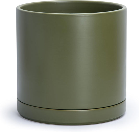 D'vine Dev 12 Inch Ceramic Planter Pot with Drainage Hole and Saucer, Indoor Cylinder Round Planter Pot, Olive, 94-O-F-J