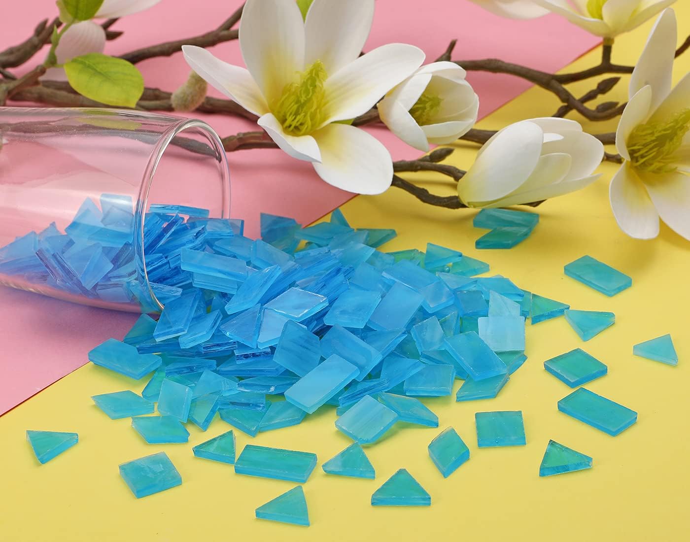 Lanyani 200 Pieces Glass Mosaic Tiles for Crafts,4 Shapes Mixed Colorful Tiffany Stained Glass Pieces,Square/Rectangle/Diamond/Triangle,Sky Blue