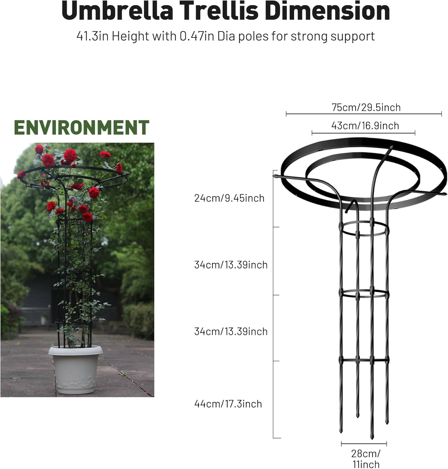 Garden Trellis for Climbing Plants Outdoor, 4.6FT Tall Metal Obelisk Trellis, 55.1" Umbrella Trellis for Potted Plants, Mushroom Top Trellises for Vines, Rose, Clematis, Pea, Bean, Tomato