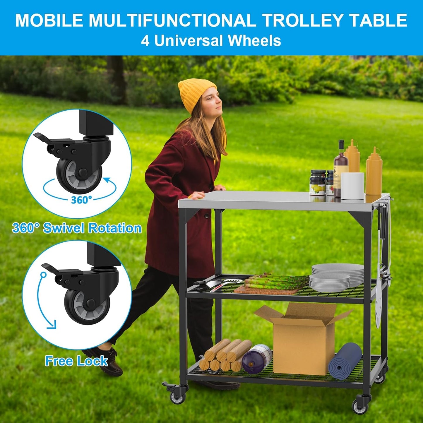 LS'BABQ Pizza Oven Table Cart for Ooni, Ninja Woodfire, Blackstone Grill Stand, Outdoor Grill Cart with Wheels, Stainless Steel Rolling Trolley Kitchen Cooking Food Prep and Work Cart Table with Cover