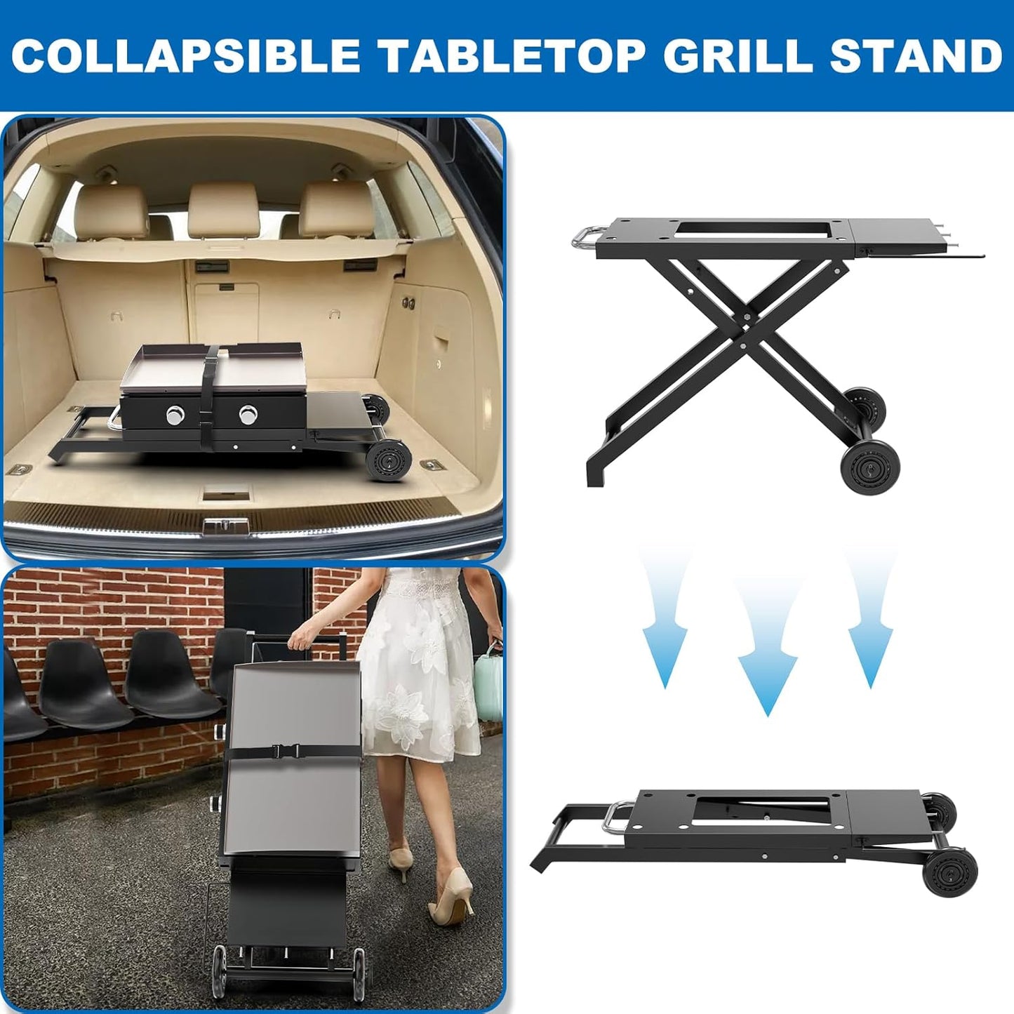 Foldable Grill Cart Table for Blackstone 22 Inch 17 Inch Tabletop Griddle Accessories,Portable Collapsible Grill Stand for Backyard, Camping and Outdoor Cooking with Wheels Side Table Transport Handle