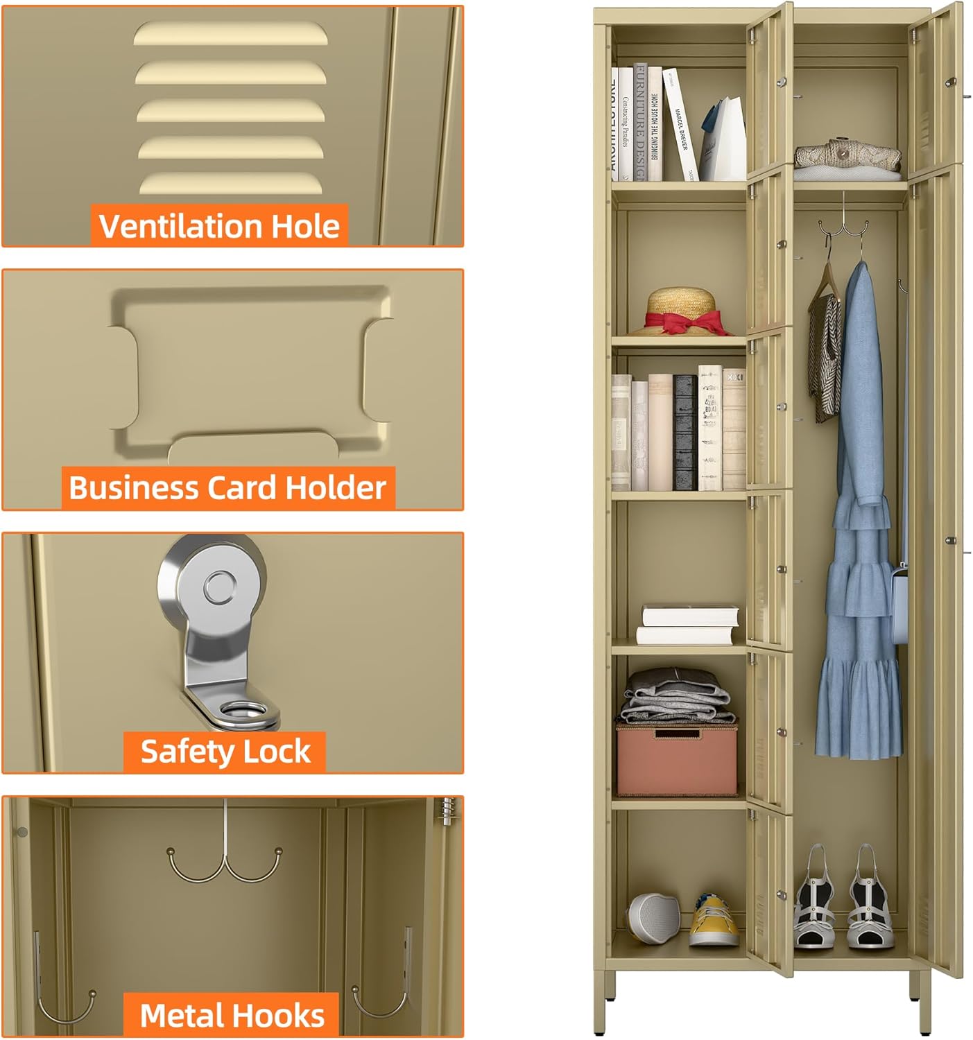 72" H Metal Storage Lockers with Doors and Rod,Industrial Combination Employee Lockers for Office,Home Gym,School,Assembly Required,7+1Doors,Camel