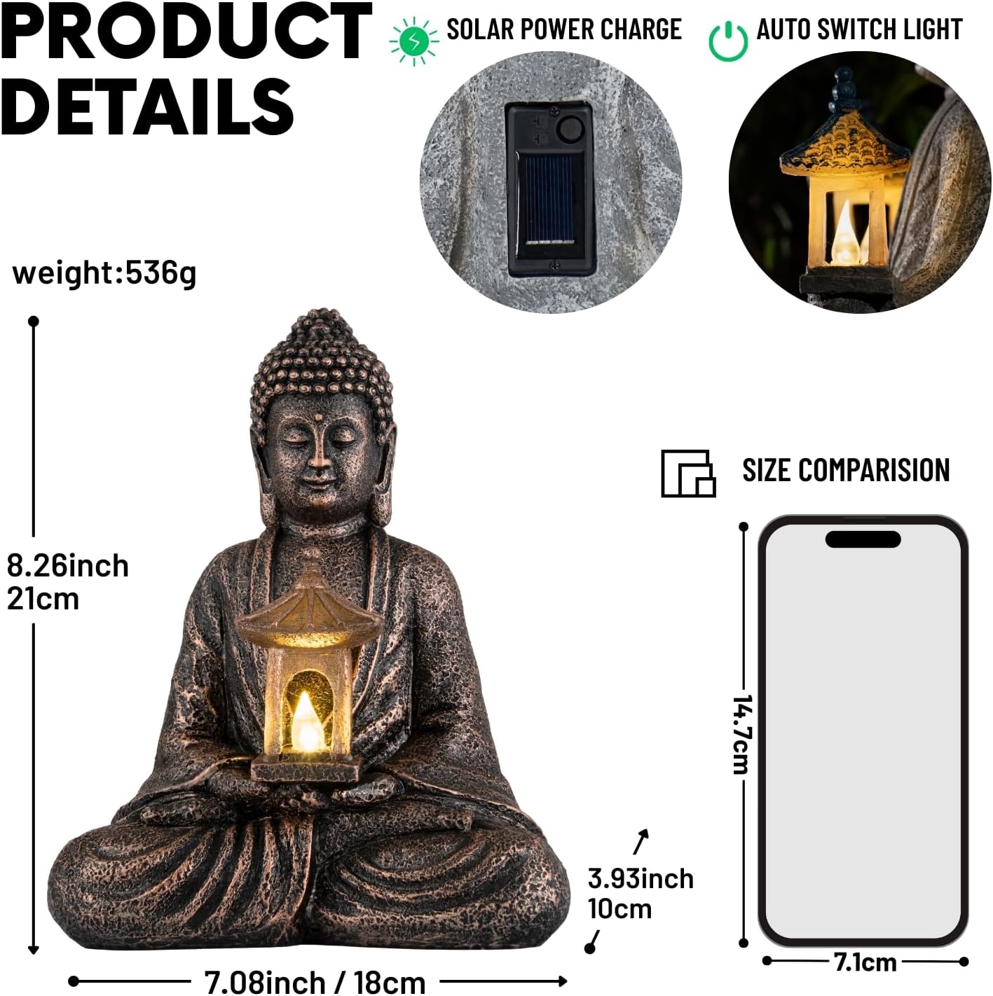 Buddha Garden Statue with Solar Light, Resin Zen Decor for Outdoor Patio or Indoor Meditation, Spiritual Gift for Women and Friends (Copper Pavilion)