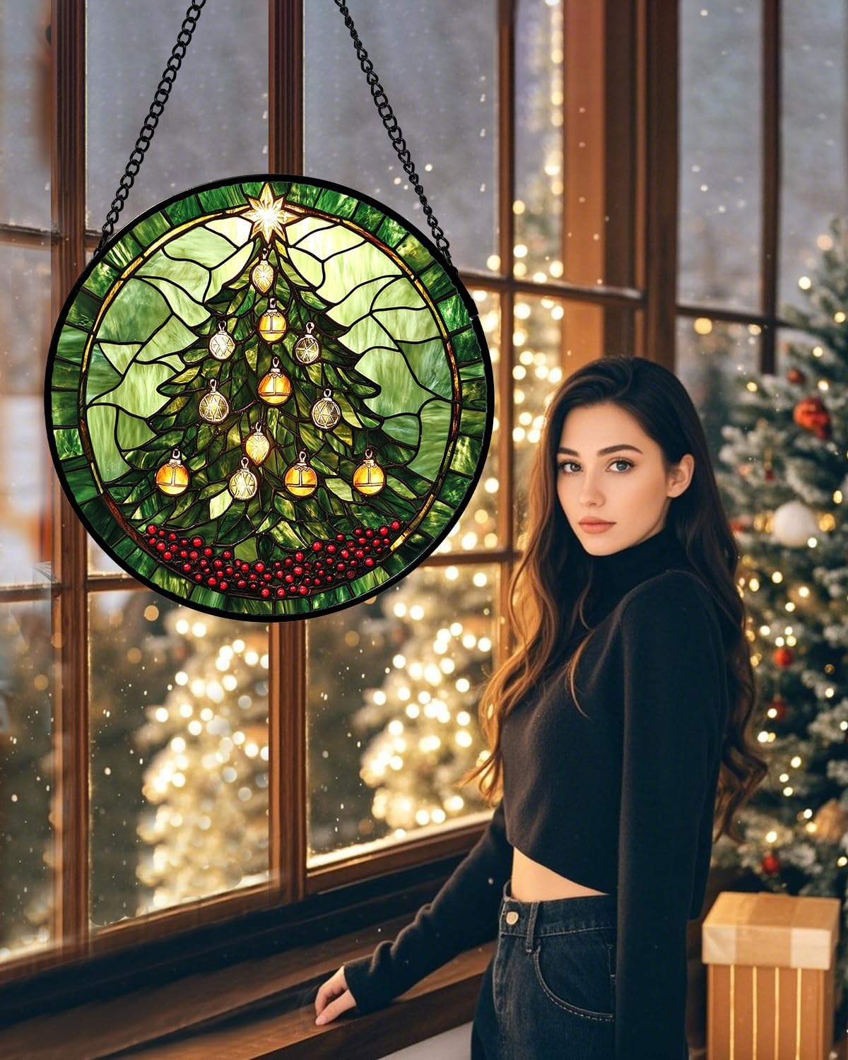 Stained Glass Window Hanging - Green Christmas Tree Golden Bells Suncatcher for Doors Home Christmas Decoration Sun Catcher Thanksgiving New Year Birthday Gift for Women Men Mom Nana 7.8 in