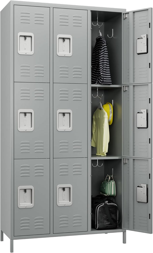 METAN Metal Storage Locker for School Office Gym Bedroom, 9 Doors Locker Cabinet for Employees, Industrial Steel Storage Locker with 18 Hooks, Assembly Required (9 Door-Light Gray)