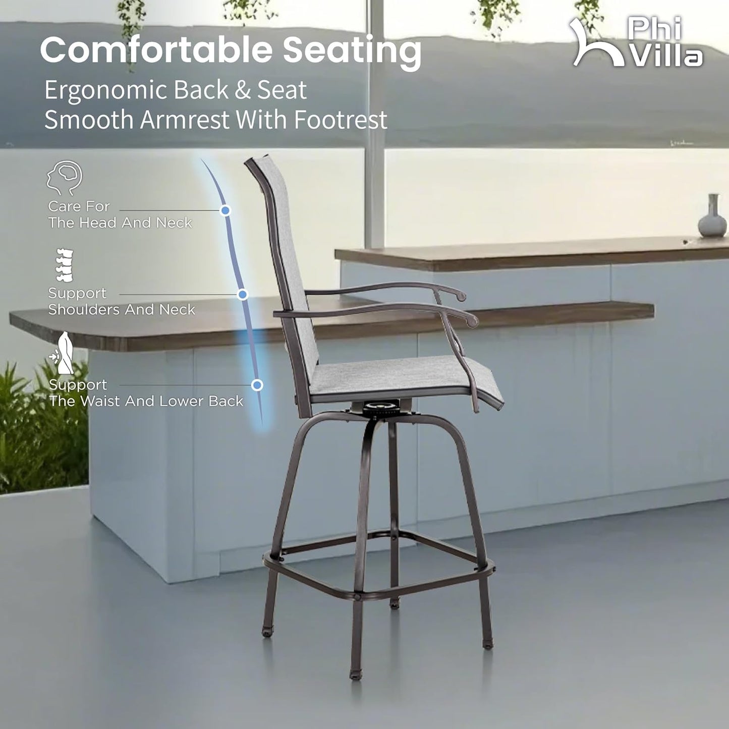 PHI VILLA Outdoor Swivel Patio Bar Stools Set of 2, 30 Inch Bar Height Tall Patio Chairs with Back & Armrest, Durable Textilene Fabric in Grey for Deck Lawn Garden