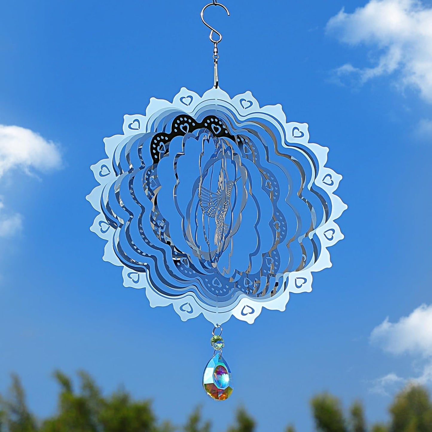 3D Wind Spinners Outdoor Flowing-Light Effect Metal Garden Decor, Highly Reflective Bird Deterrents for Outside, Mirrored Wind Sculptures to Scare Birds Away from Yard Patio Farm (Hummingbird-Silver)