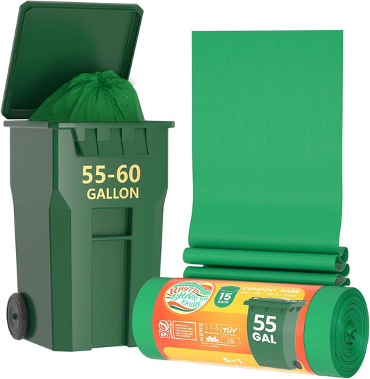 55-60 Gallon Compostable Trash Bags Liners, Heavy Duty Extra Thick 1.57 Mil, 208.2 Liter, 15 Bags, Lawn, Yard, and Restaurant Use, ASTM D6400, US BPI, OK Compost Home Certified
