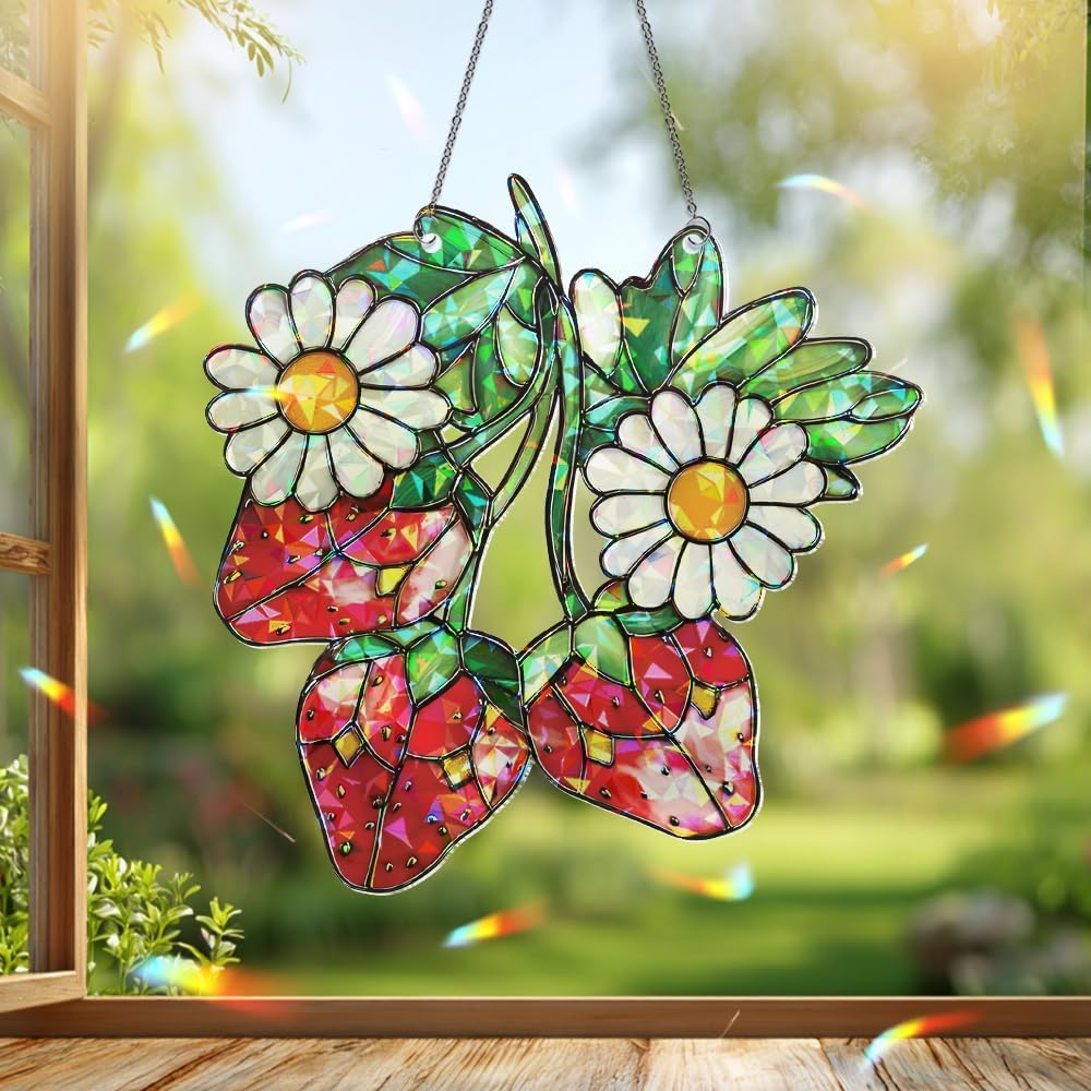 Strawberry Suncatcher – Daisy Flower Window Hanging, Fruit Sun Catchers Indoor Window Ornament for Kitchen and Garden Décor, Plant Gifts for Women, Grandma, Mother's Day, Christmas