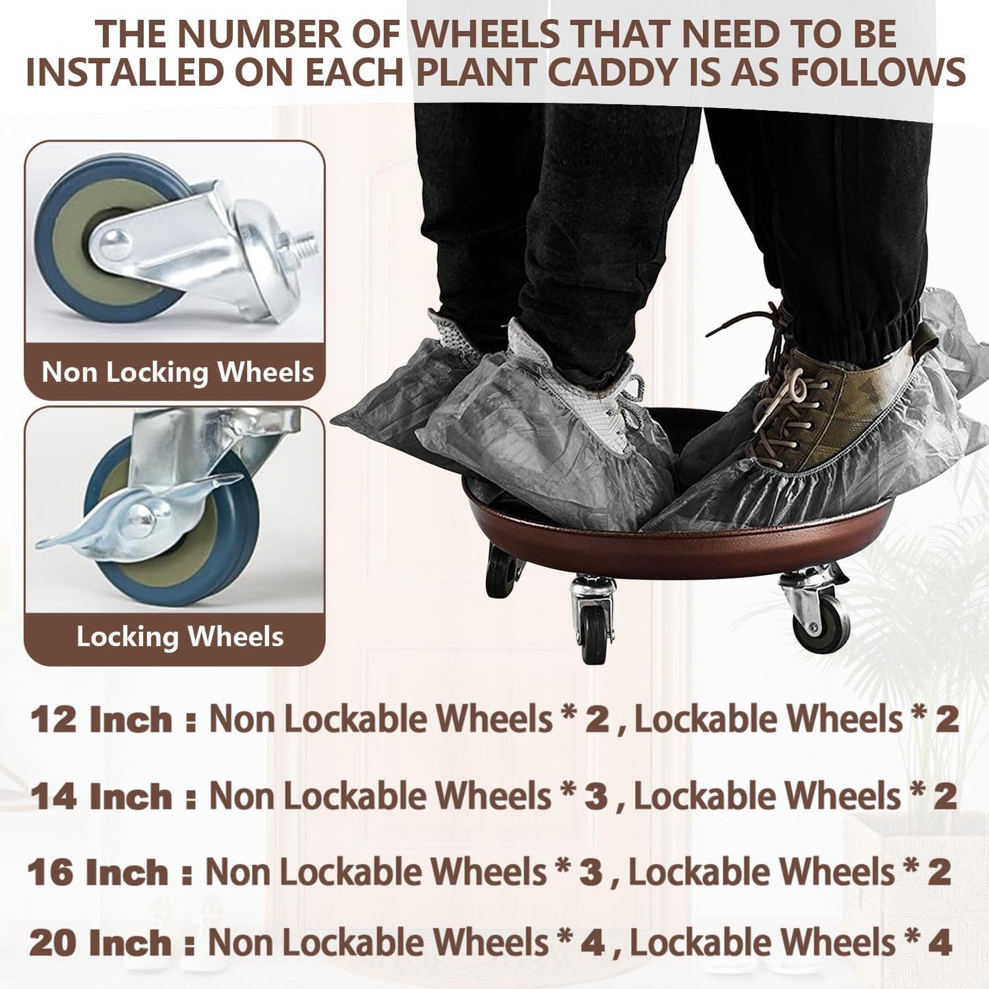 Heavy Duty Plant Caddy with Solid Rubber Wheels, Lockable, Increased Load Capacity, One-Minute Installation, Suitable for Indoor, Outdoor, Patio, Garden Settings, 12 Inches 3PACK, Brown