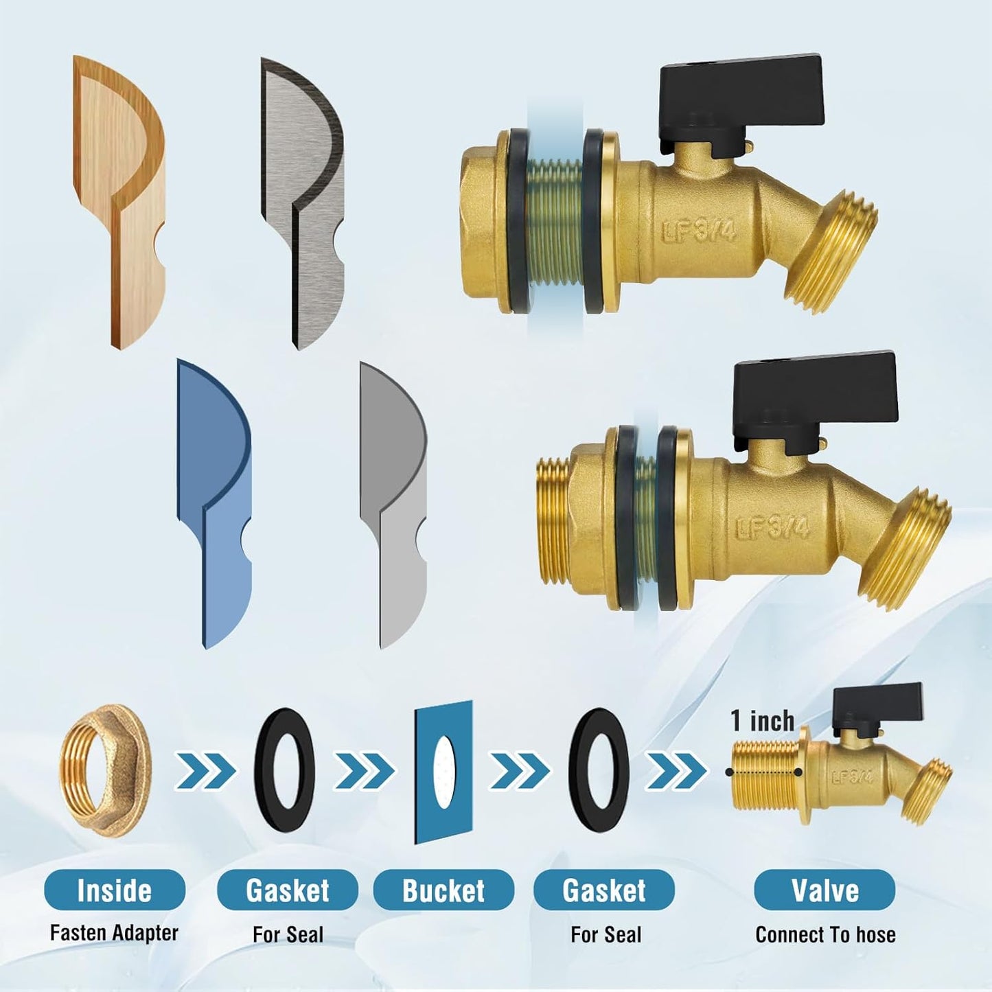 GHT 3/4 spigot for rain barrel parts kit, brass water barrel spigots accessories for 5/25 / 50/55 gallon bucket, garden hose connector adapter bulkhead fitting and drain valve diy kits