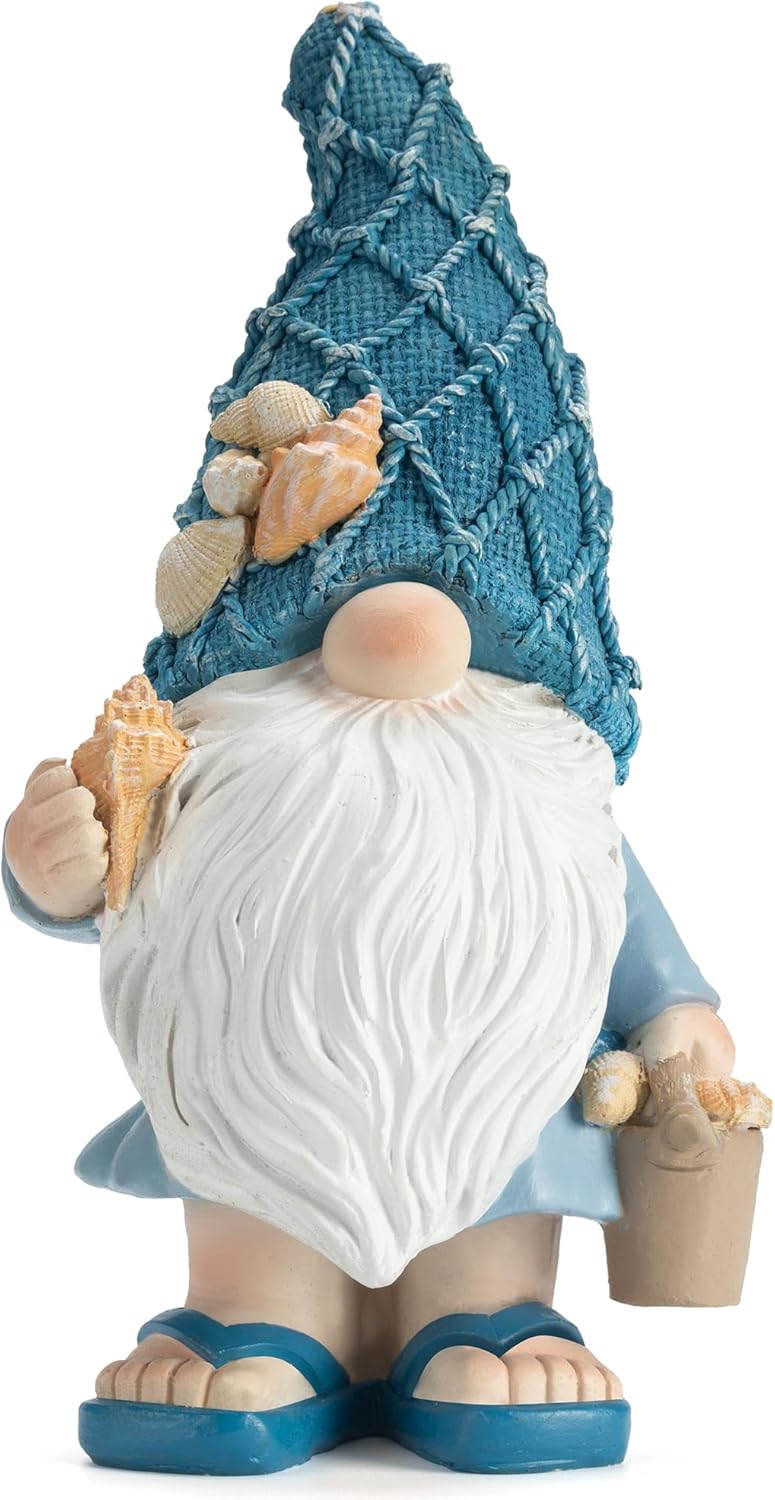 Garden Sea Gnome Statue Decoration Indoor Resin Beach Gnome Sculpture for Home Office Desktop Bathroom, Summer Pool Decoration Gifts (Carrying Bucket of Shells)