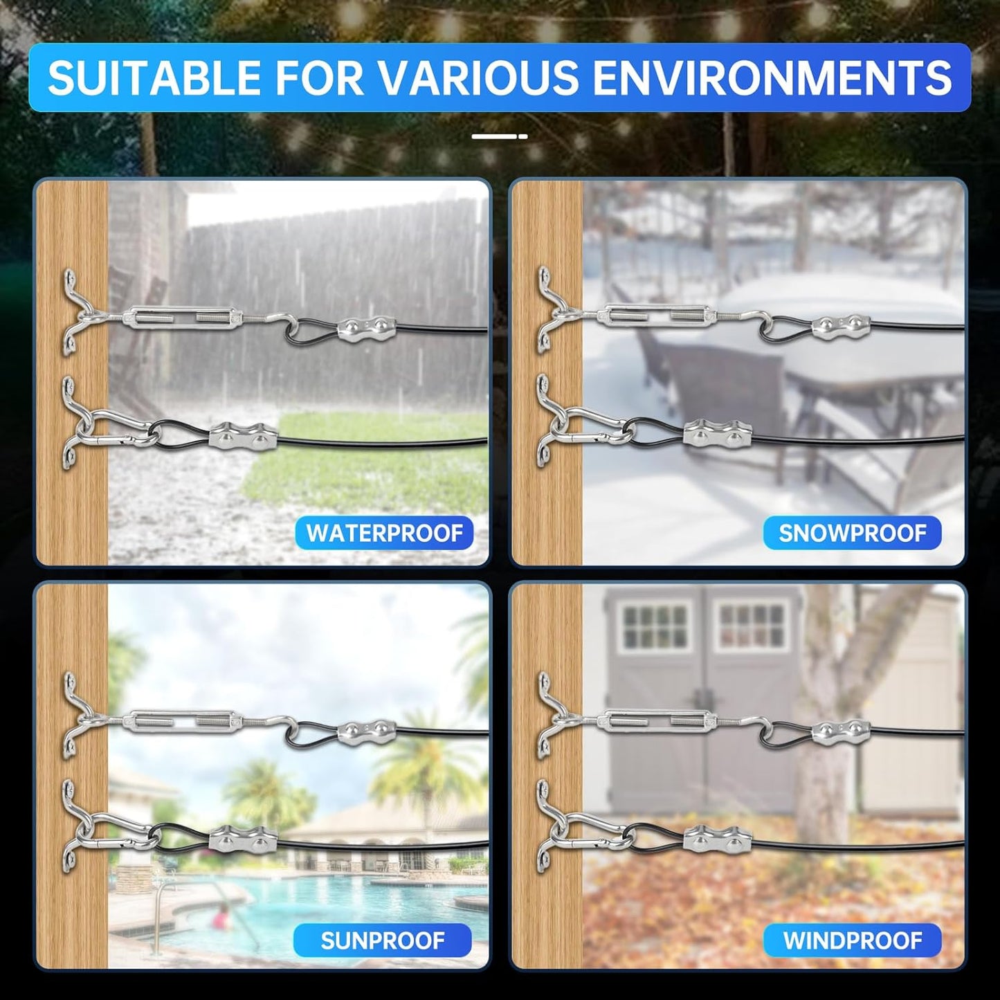 165FT String Light Hanging Kit,304 Stainless Steel Cable Kit - Heavy Duty 480LB Capacity, Adjustable Turnbuckles & Complete Accessories for Clothesline, Garden Rigging