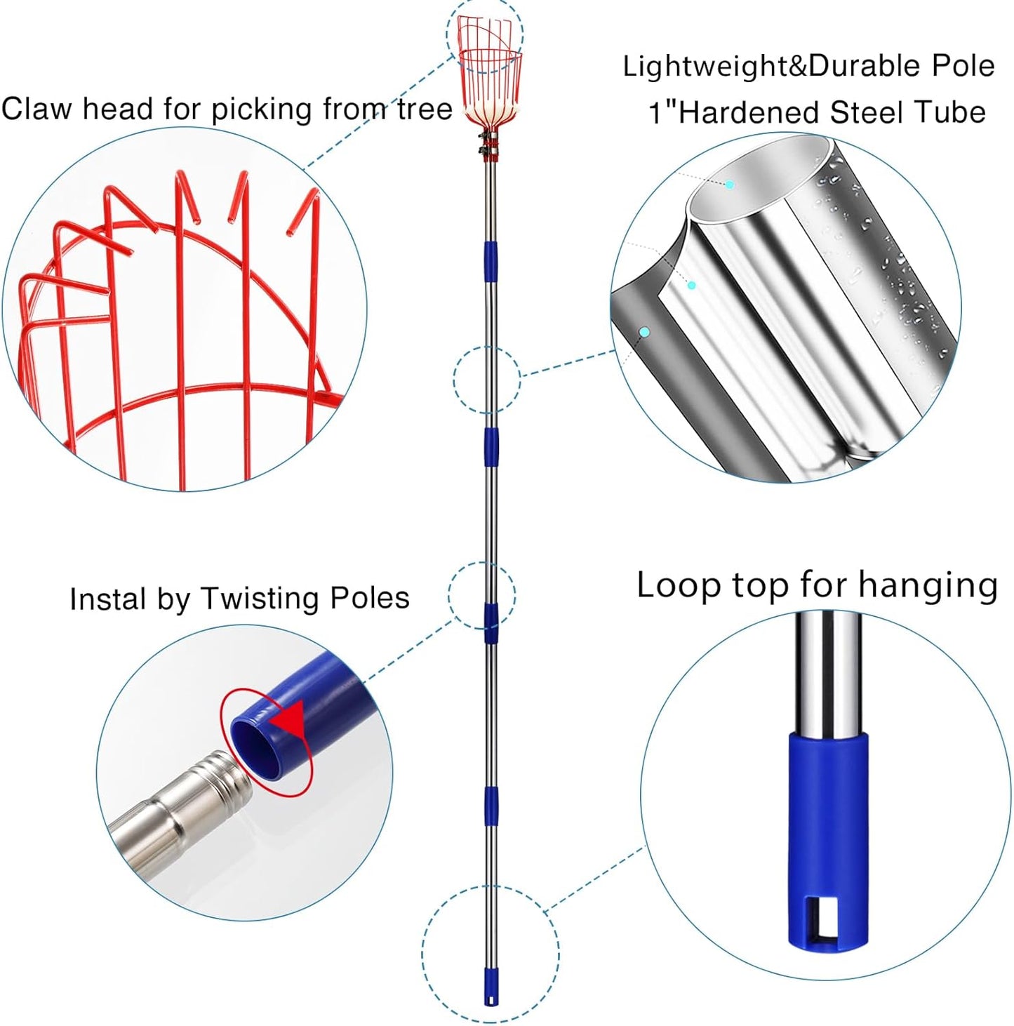 DonSail Pomelo Fruit Picker Pole Tool with Basket Telescoping Long Handle, 35-95 Inch Adjustable Orange Apple Picker Pole Tool with Basket for Avocado Acorn Lemon Pear Mango Tree Picker