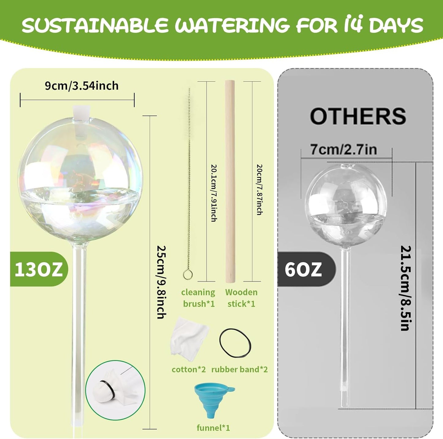 13 oz Up to 2 Weeks Large Self-Watering Plant Watering Globes, Self Watering Planter Insert, Glass Bulbs for Indoor & Outdoor Plants - Automatic Watering While Away or Vacation (Large 2-Pack)