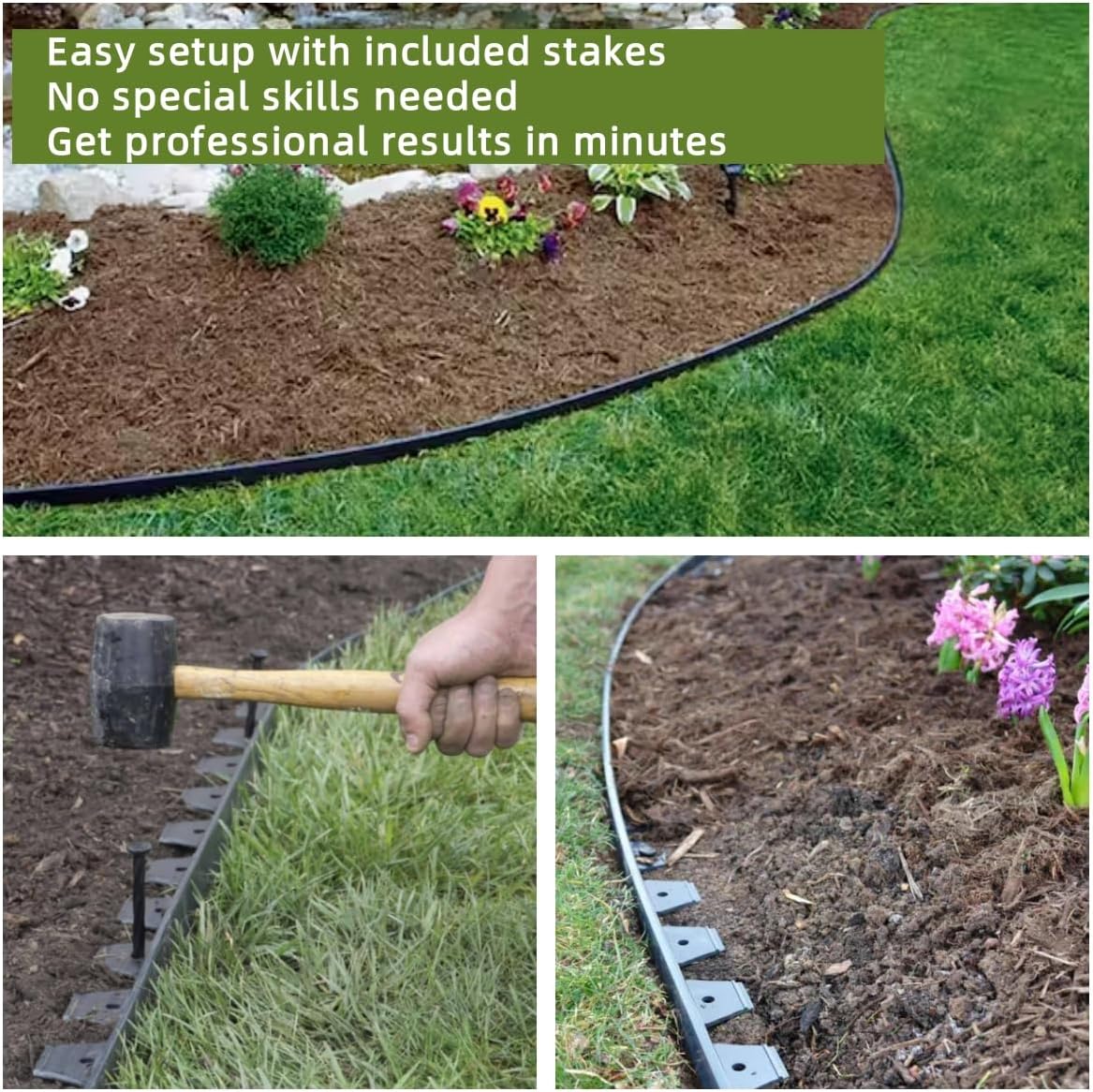 2 Inch Tall No Dig Durable Garden Landscape Edging Kit, Black Plastic Lawn Border with 48pcs Anchoring Spikes for Landscaping, Flower Gardens, Lawn (40FT+48pcs Anchoring Spikes)