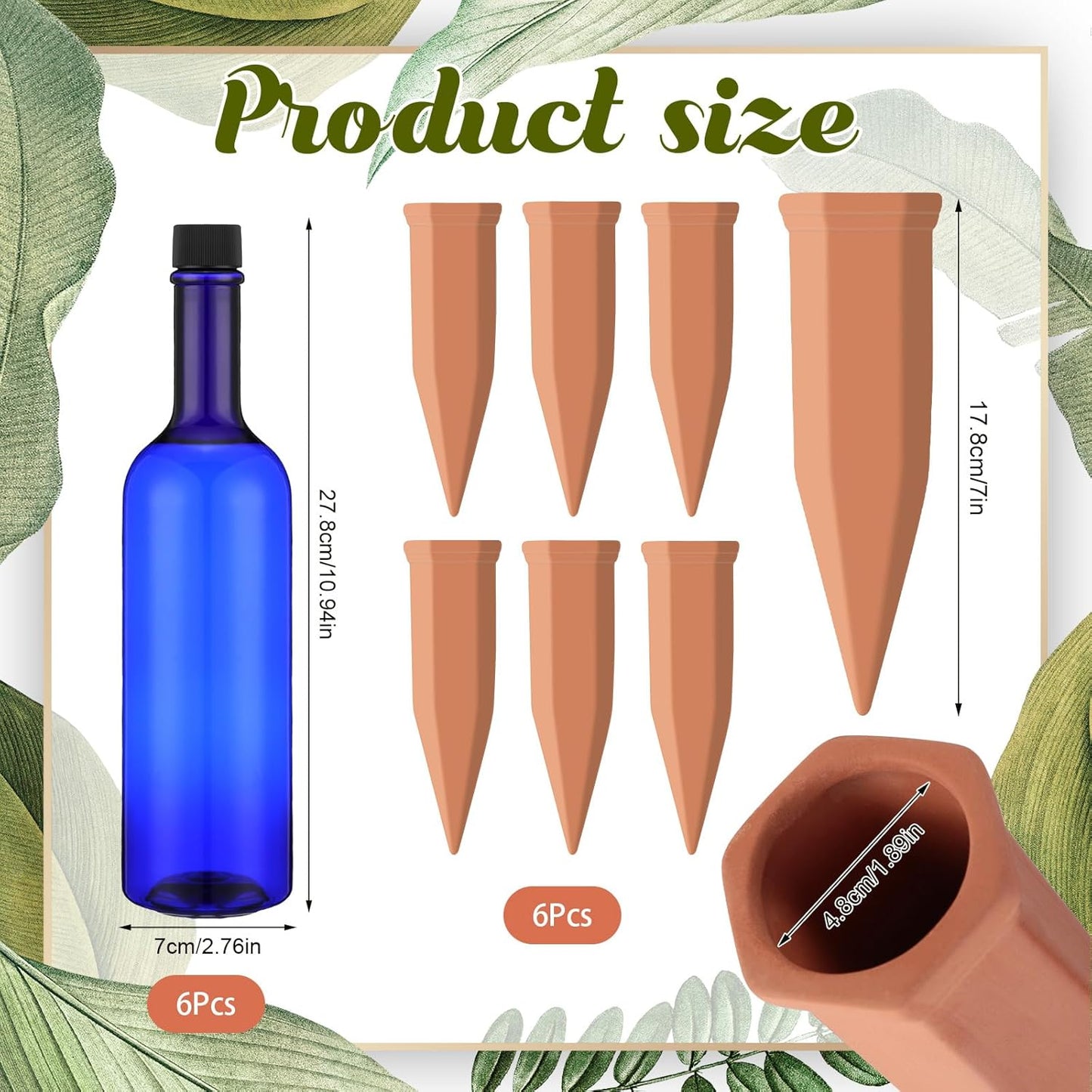 12 Pack Plant Watering Devices Include 6 Terracotta Self Watering Spikes and 6 Pcs 26 oz Plastic Bottles, Slow Release Vacation Insert Automatic Plant Waterer Device (Blue)