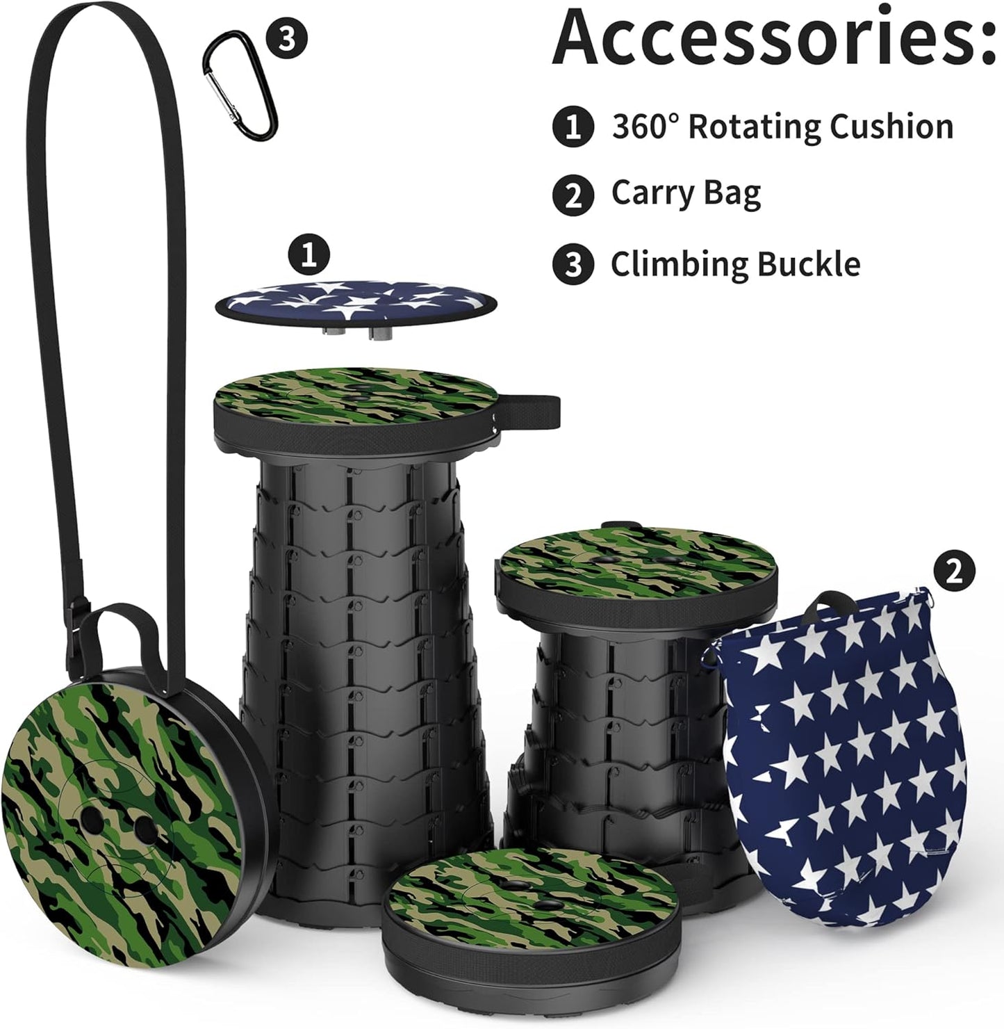 ALEVMOOM Upgraded Telescoping Collapsible Stool with Cushion, Folding Stool with Printing Portable Retractable Foldable Seat Max Load 550lbs for Adults Camping Fishing Outdoor