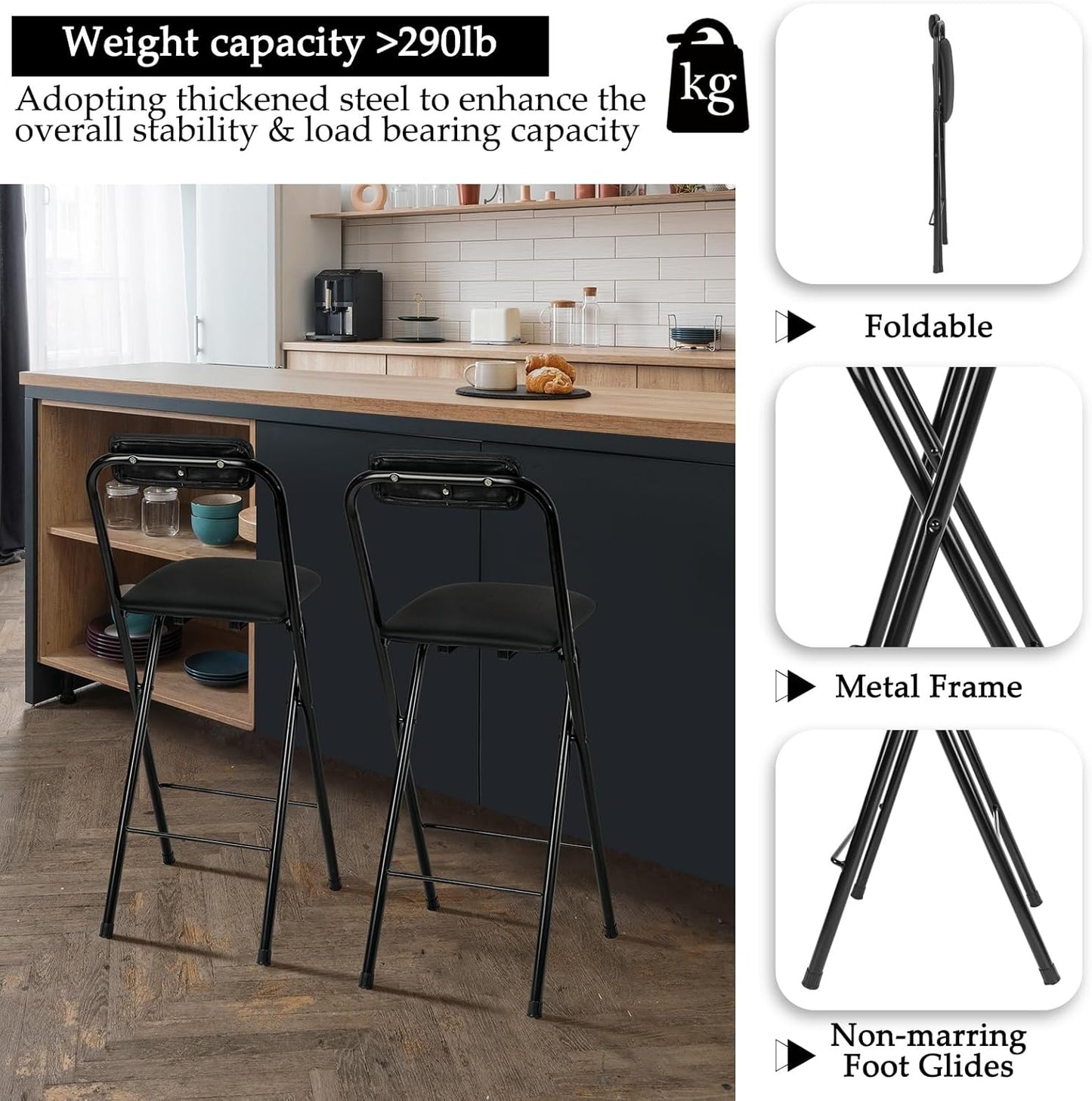 Thyle 1 Pcs Folding Bar Stool with Backrest, Tall Foldable Stool Chair Portable High Folding Bar Chair Counter Height Seat Leather Padded for Kitchen Island Shop Cafe Dining Room Black (24 Inch)
