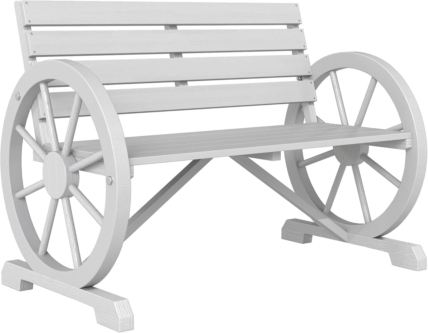 Outsunny 41" Wooden Wagon Wheel Bench, Rustic Outdoor Patio Weather Resistance Furniture, 2-Person Slatted Seat Bench with Backrest, Light Gray