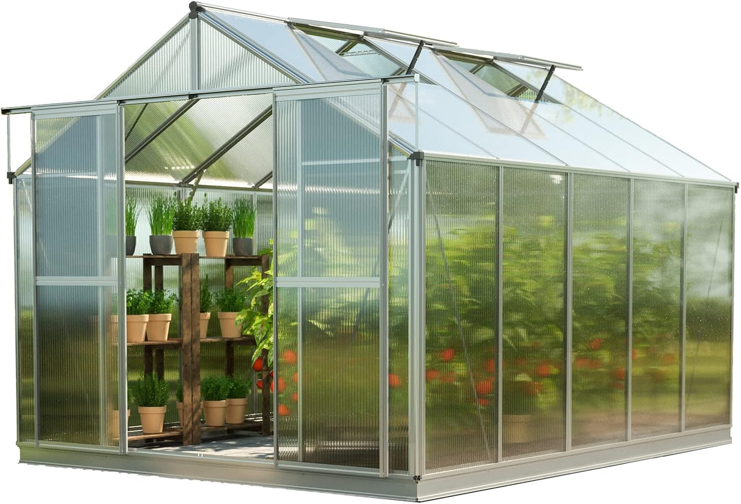 Greenhouse Topas 5 Aluminum Frame 7.4 x 10.6 ft Approx. 8 mm Polycarbonate Panels - with Bonus Base Frame and Automatic Vent Opener