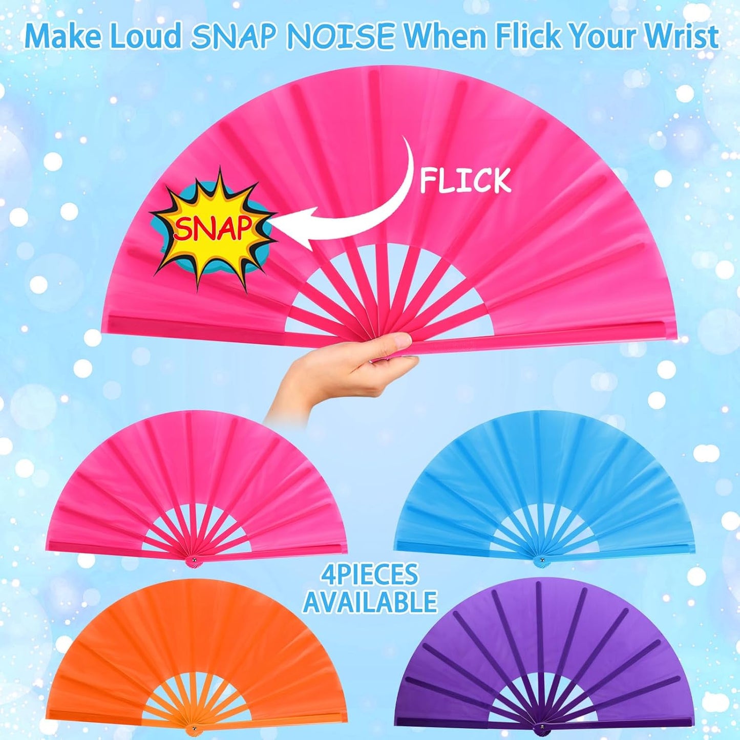 Blulu 4 Pcs 13 Inch Large Folding Hand Fans for Line Dancing Big Clapping Popping Raves Fans Bulk for Dancing Boots on The Ground Festival Party Decoration(Classic Style, Purple, Blue, Orange, Pink)
