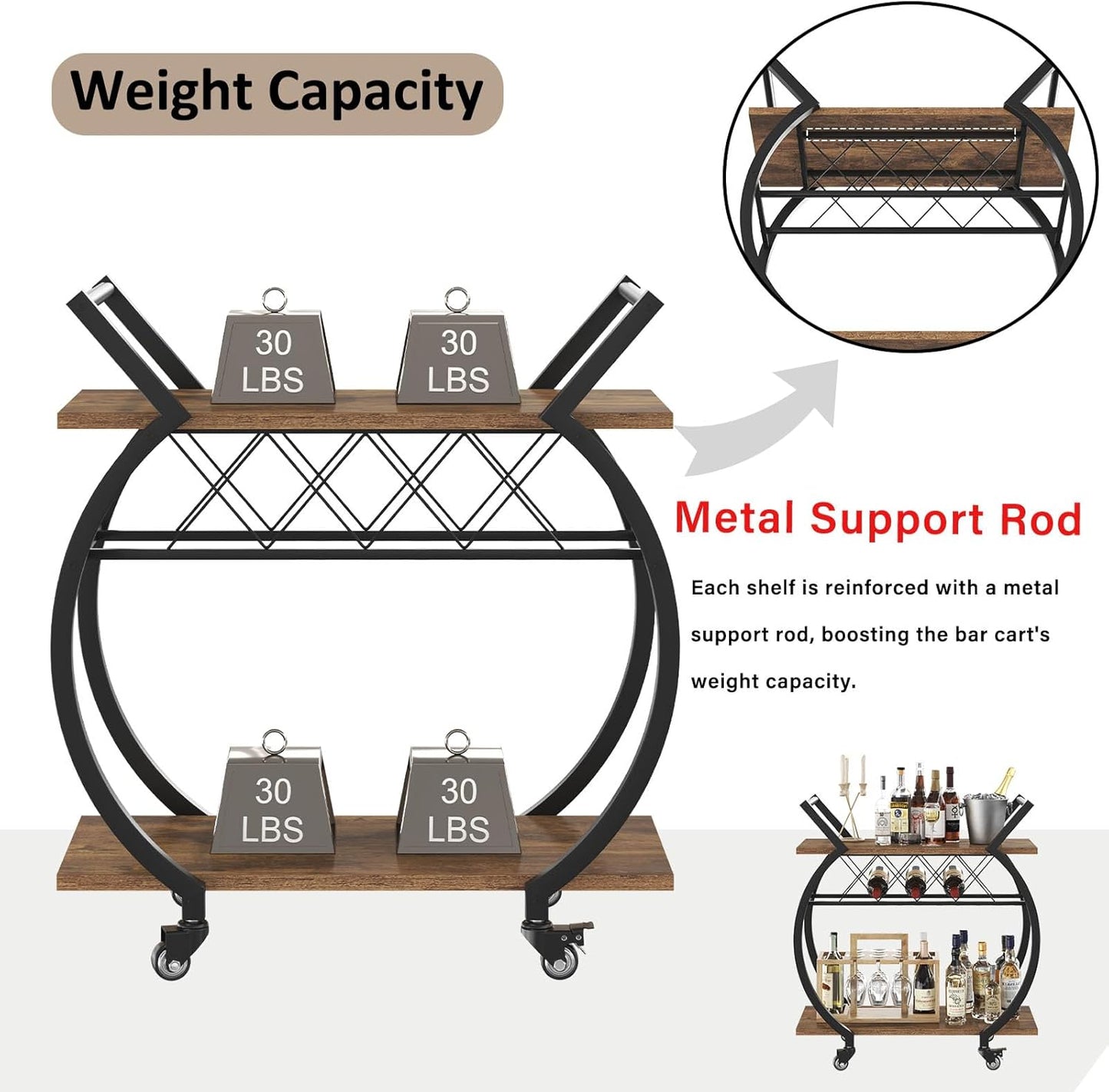 LVB Industrial Kitchen Bar Cart, Farmhouse Beverage Serving Liquor Cart with Wheels, Wood and Metal Rolling Wine Cart with Storage Shelf, Microwave Drink Cart for Home Living Dining Room, Rustic Brown